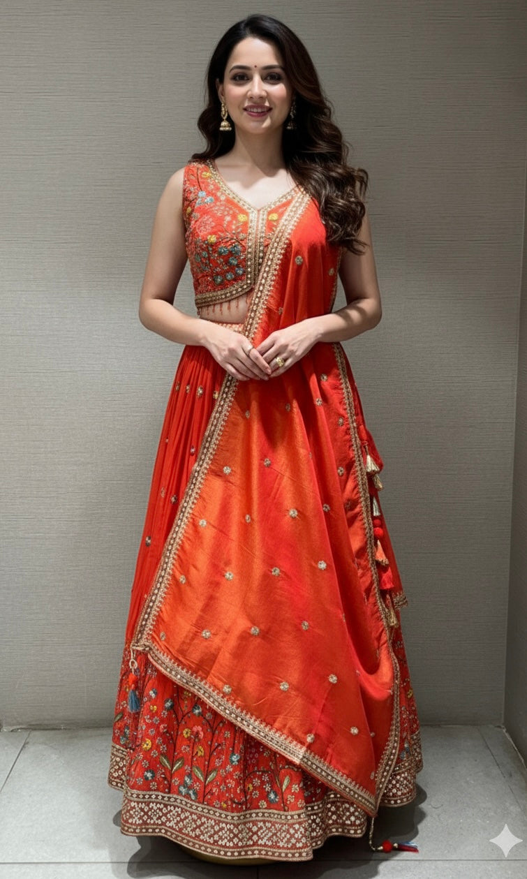 Orange golden floral embroidered Lehenga