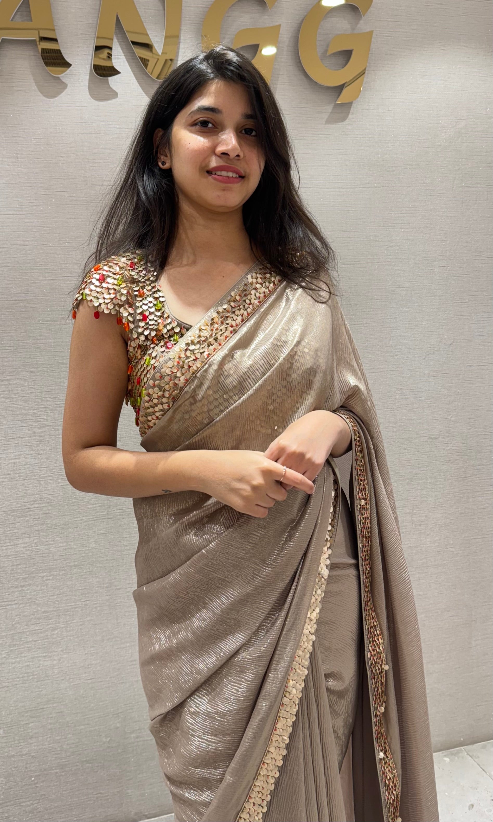 BEige designer SAREE WITH ready BLOUSE