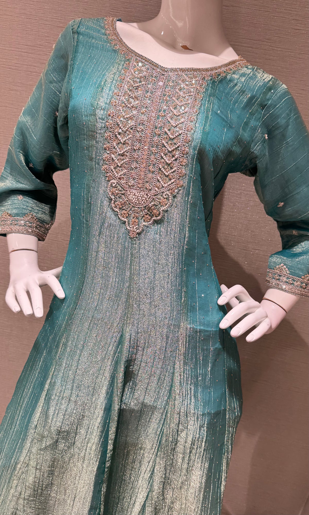 Sea Blue Shimmer Tissue Silk embroidered anarkali set with dupatta