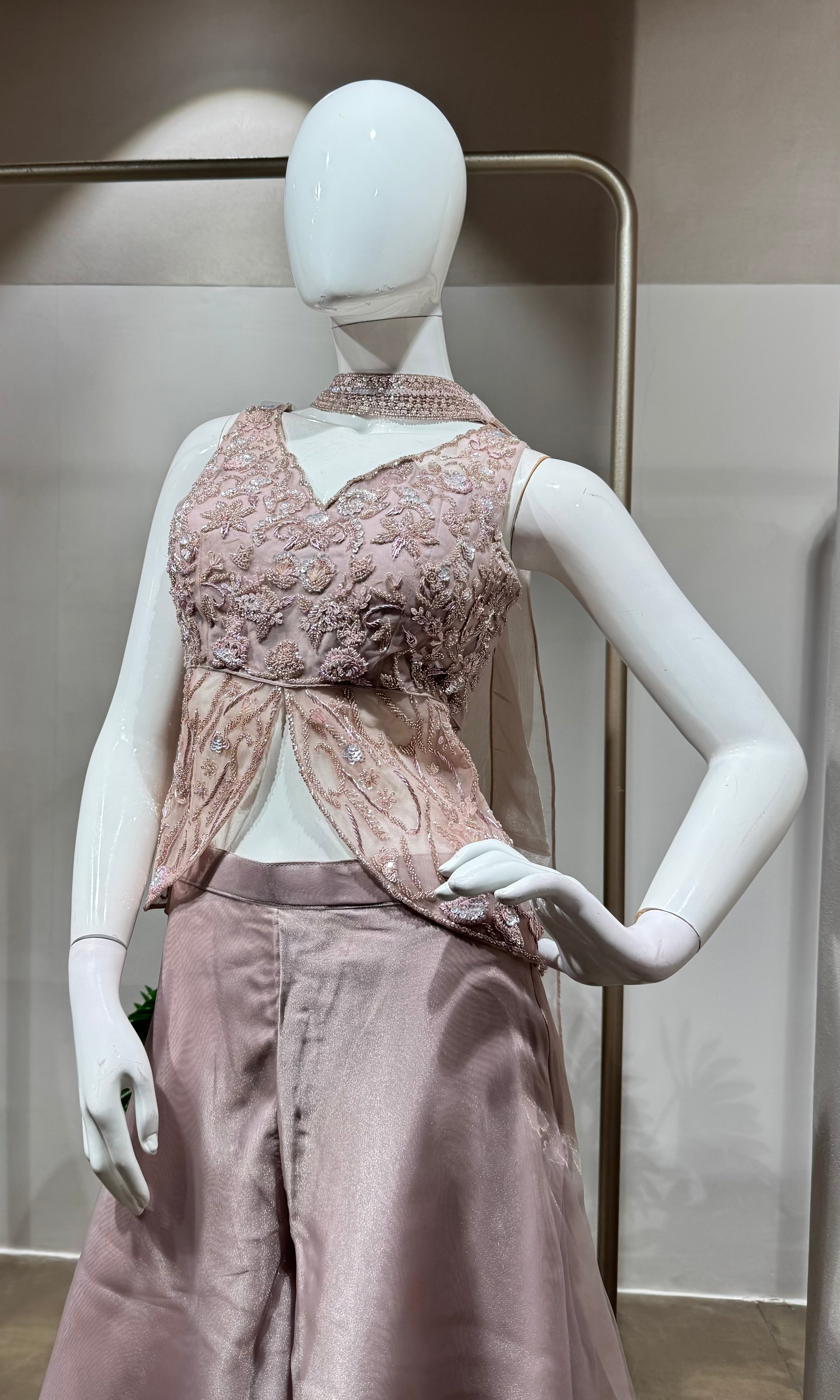 pink embellished crop top and palazzo set