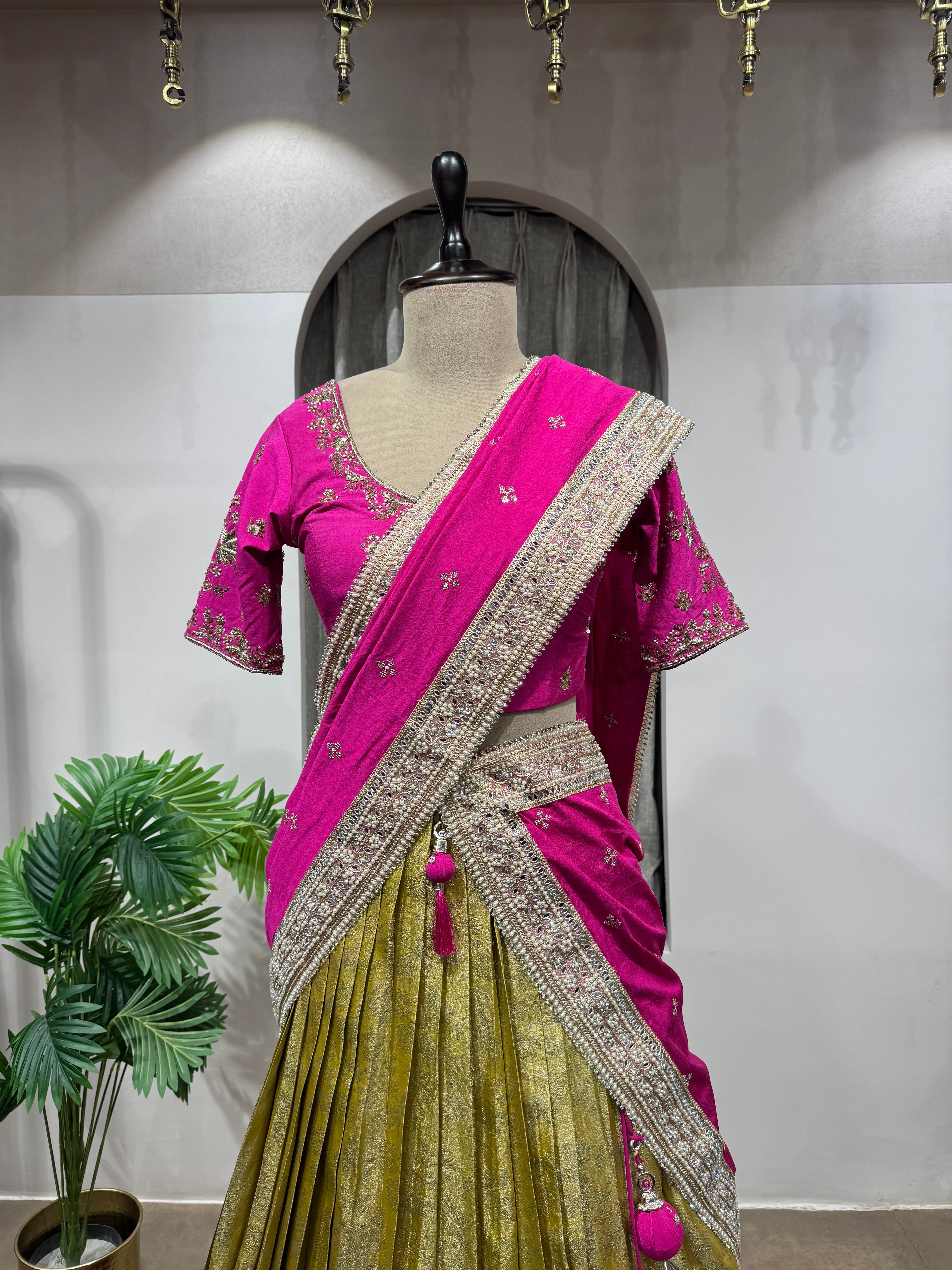 RANI PINK and gold silk BANARASI LEHENGA