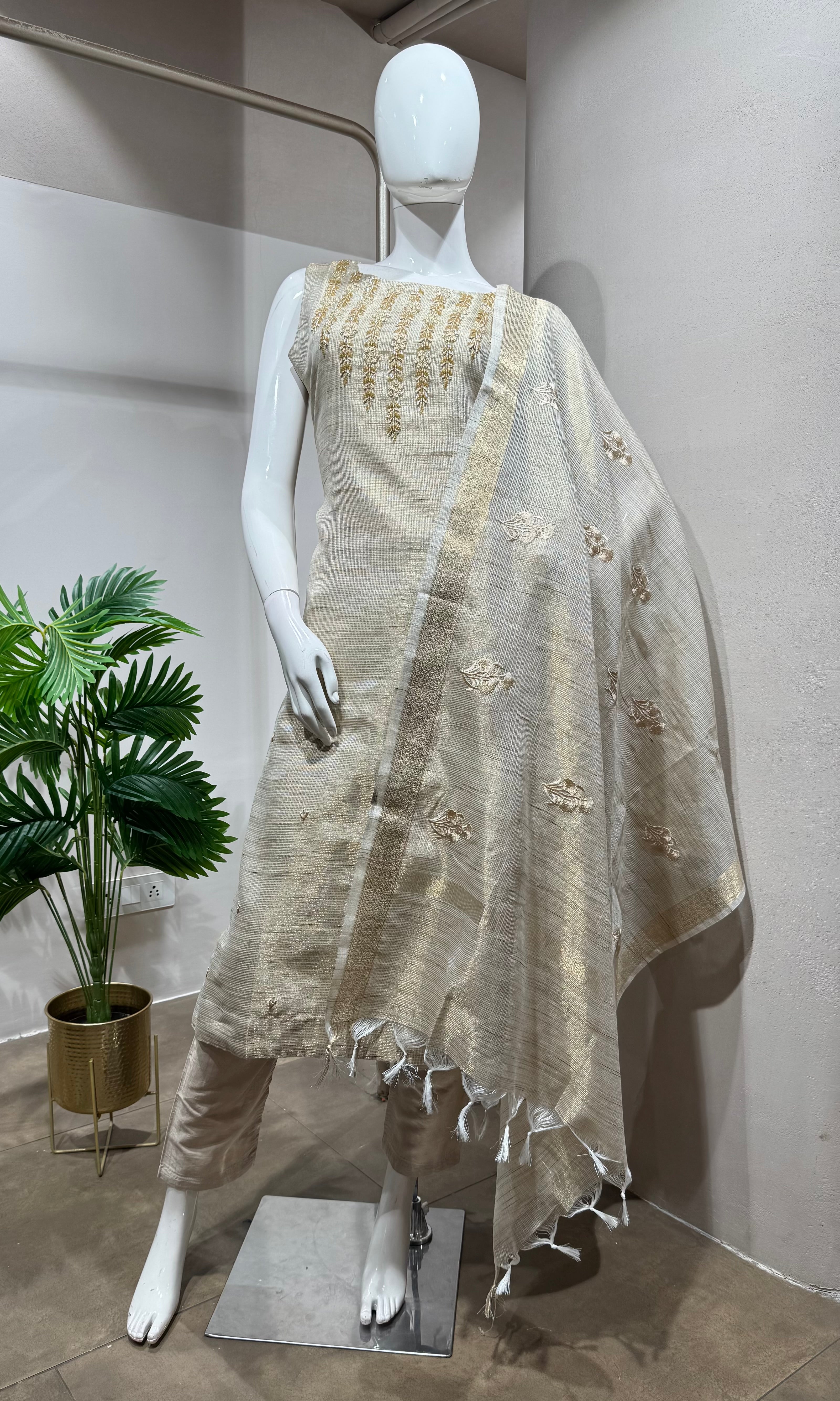 Fawn Banarasi Silk Elegant Kurta SET
