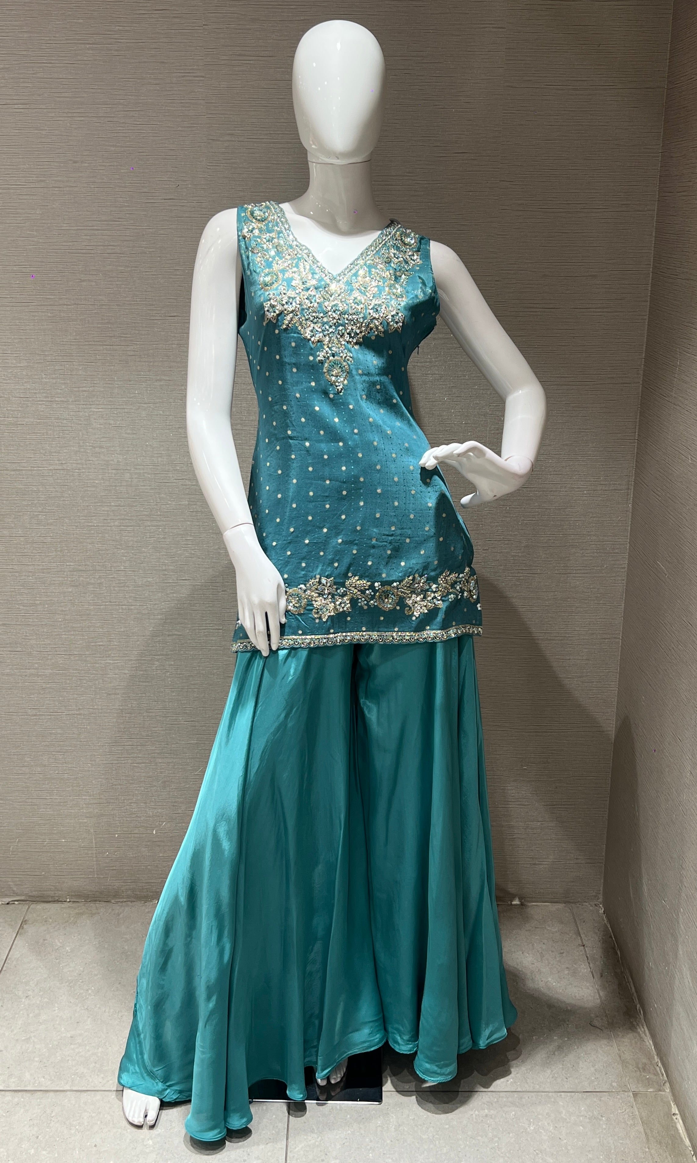 Light Blue Short Kurti Embroidered Sharara