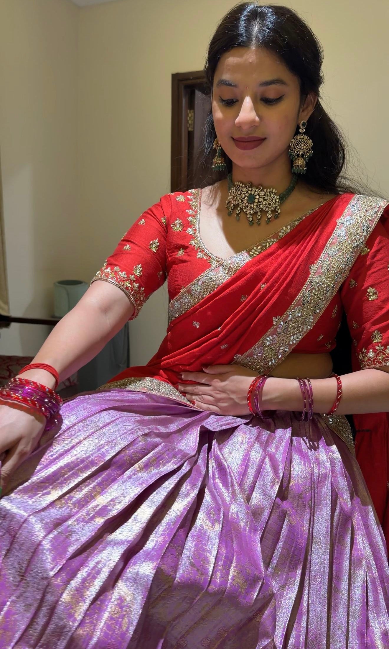 Lavender & Red LEHENGA WITH RAW SILK DUPATTA