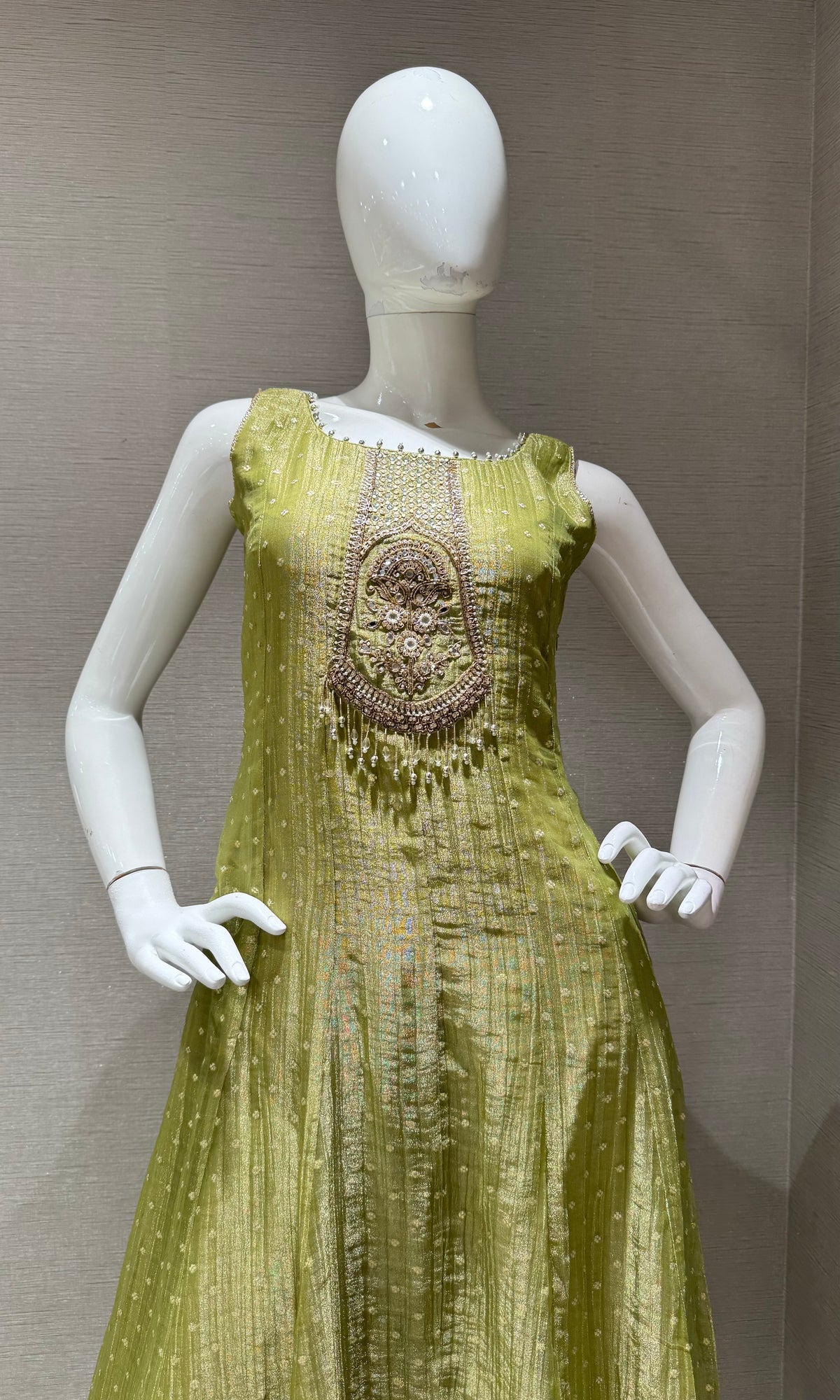 green tissue silk embroidered anarkali set with dupatta