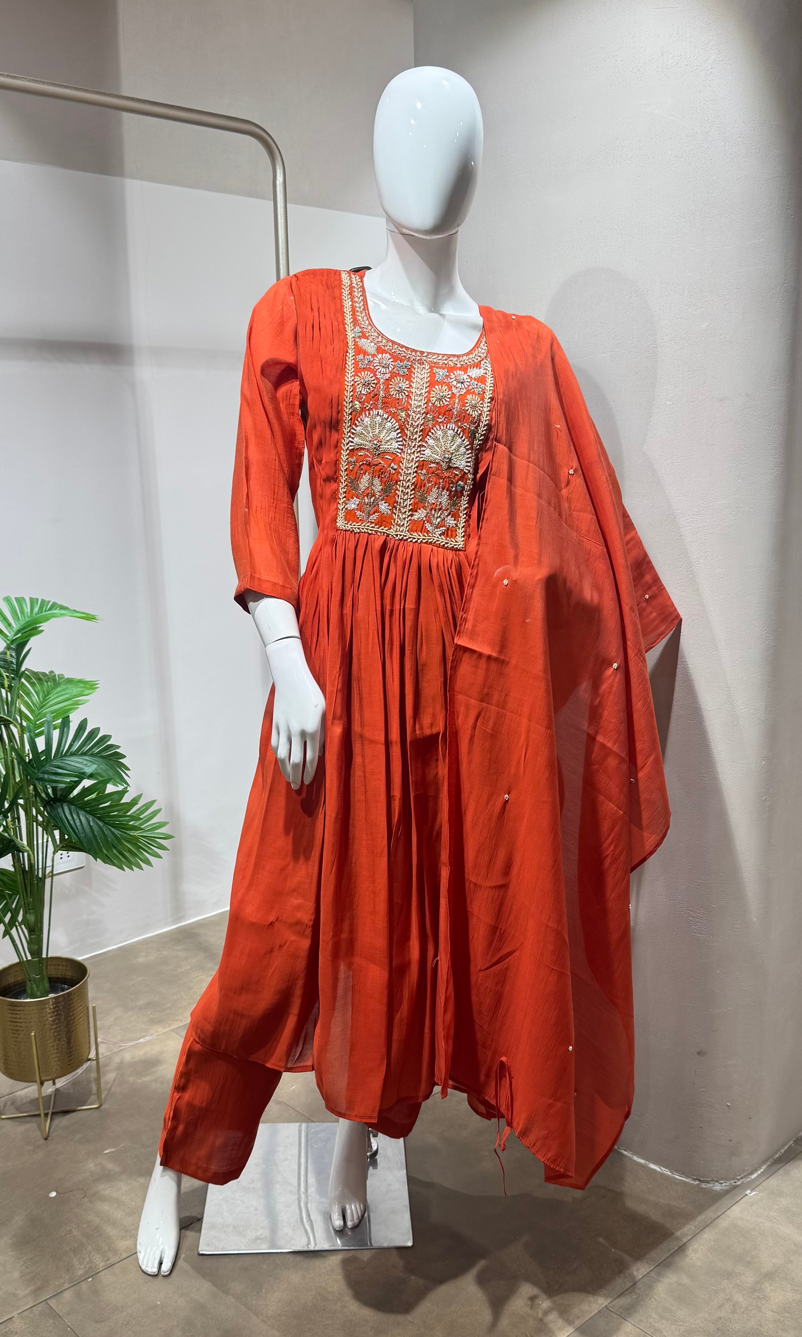 Orange embroidered kurta set with dupatta