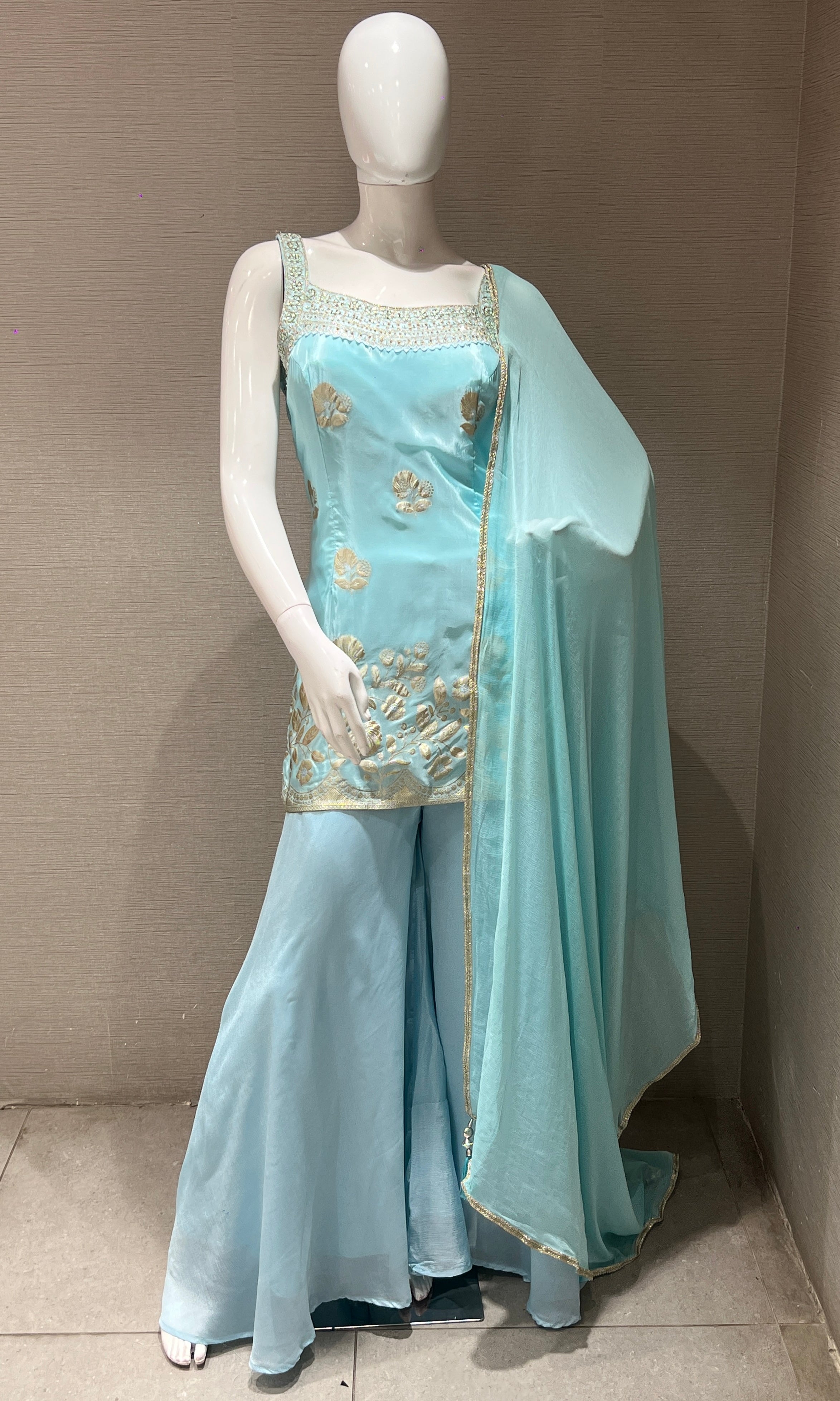 Sea blue embroidered sharara palazoo