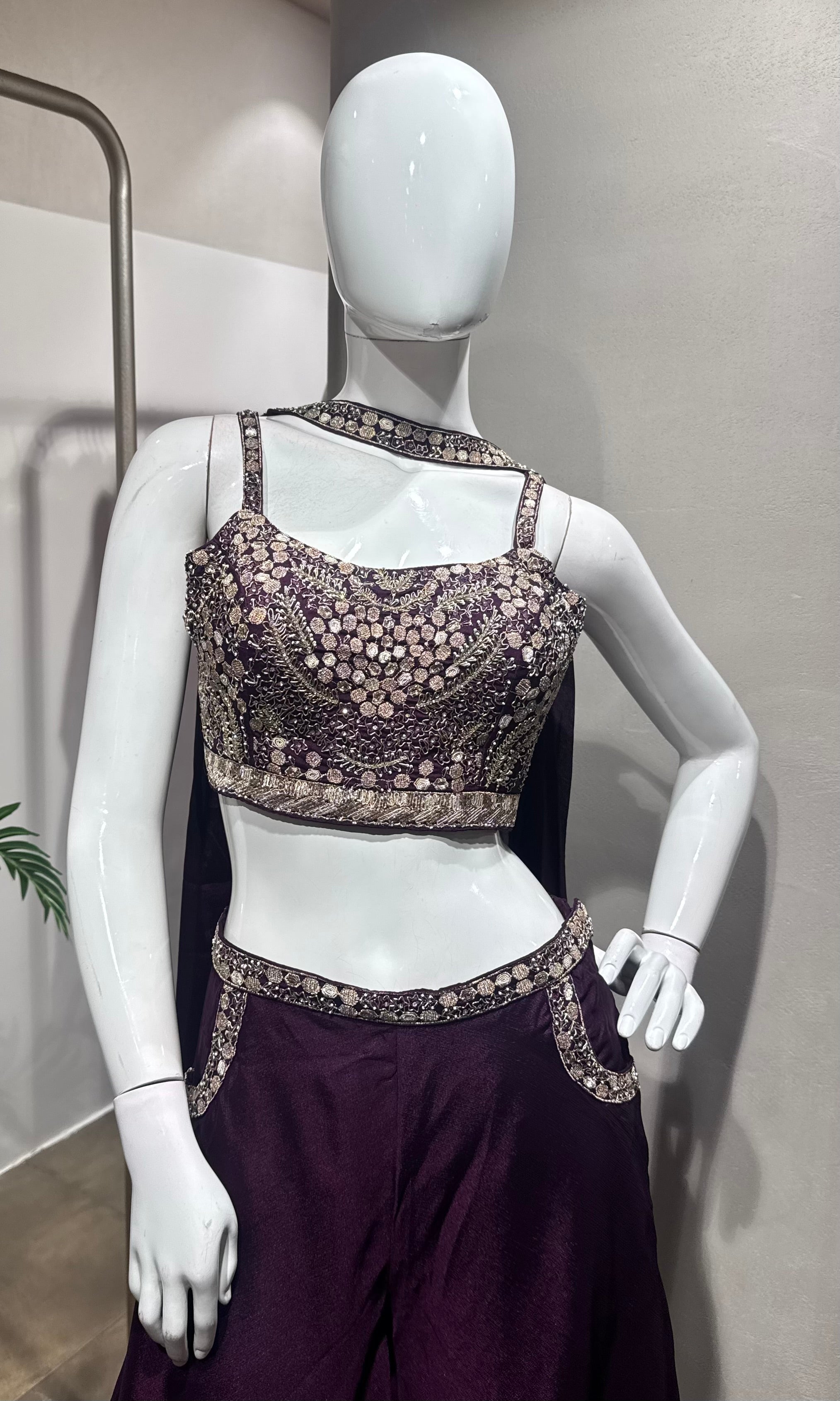 Wine Georgette Crop Top & Palazzo Set