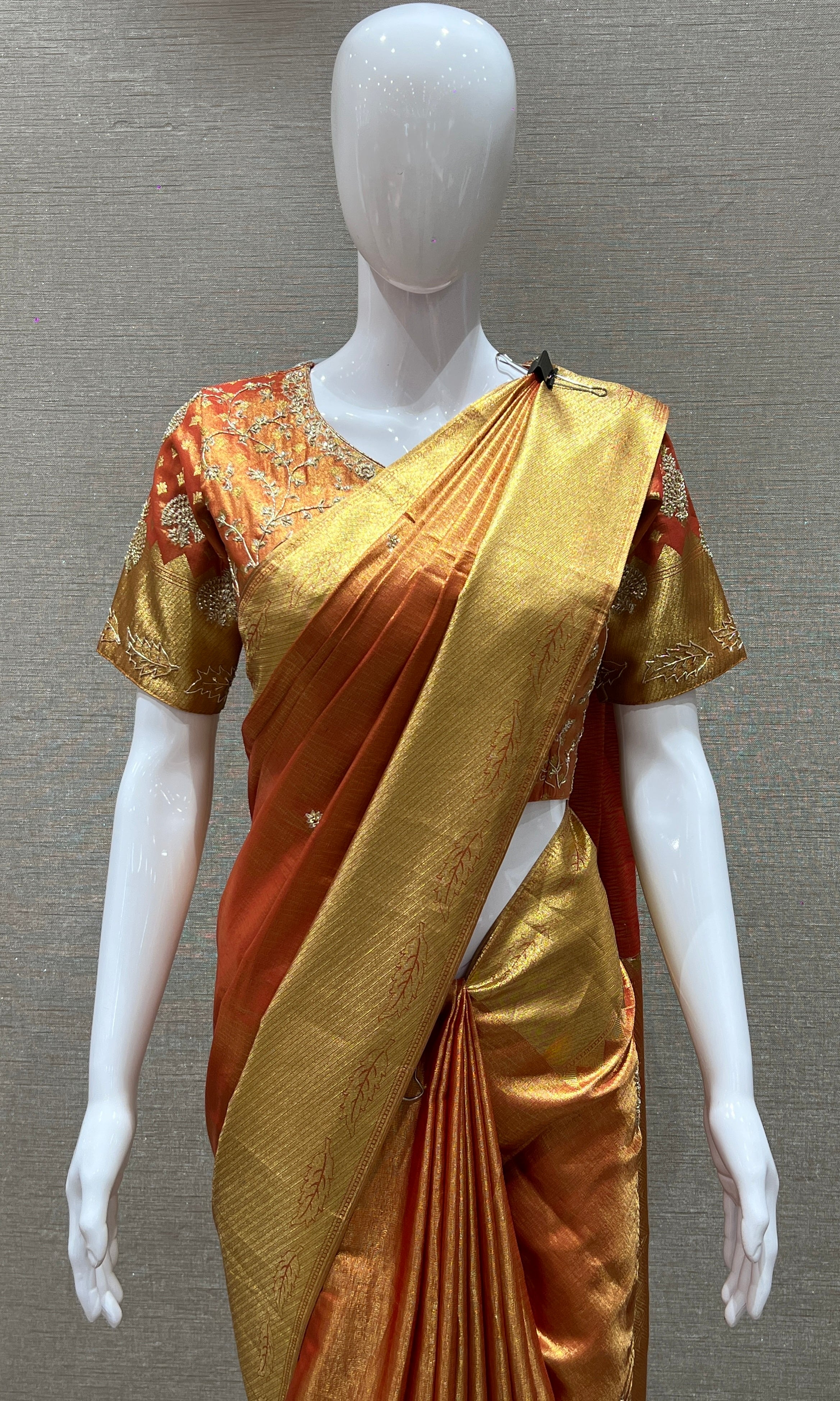 Orange and gold saree with ready blouse