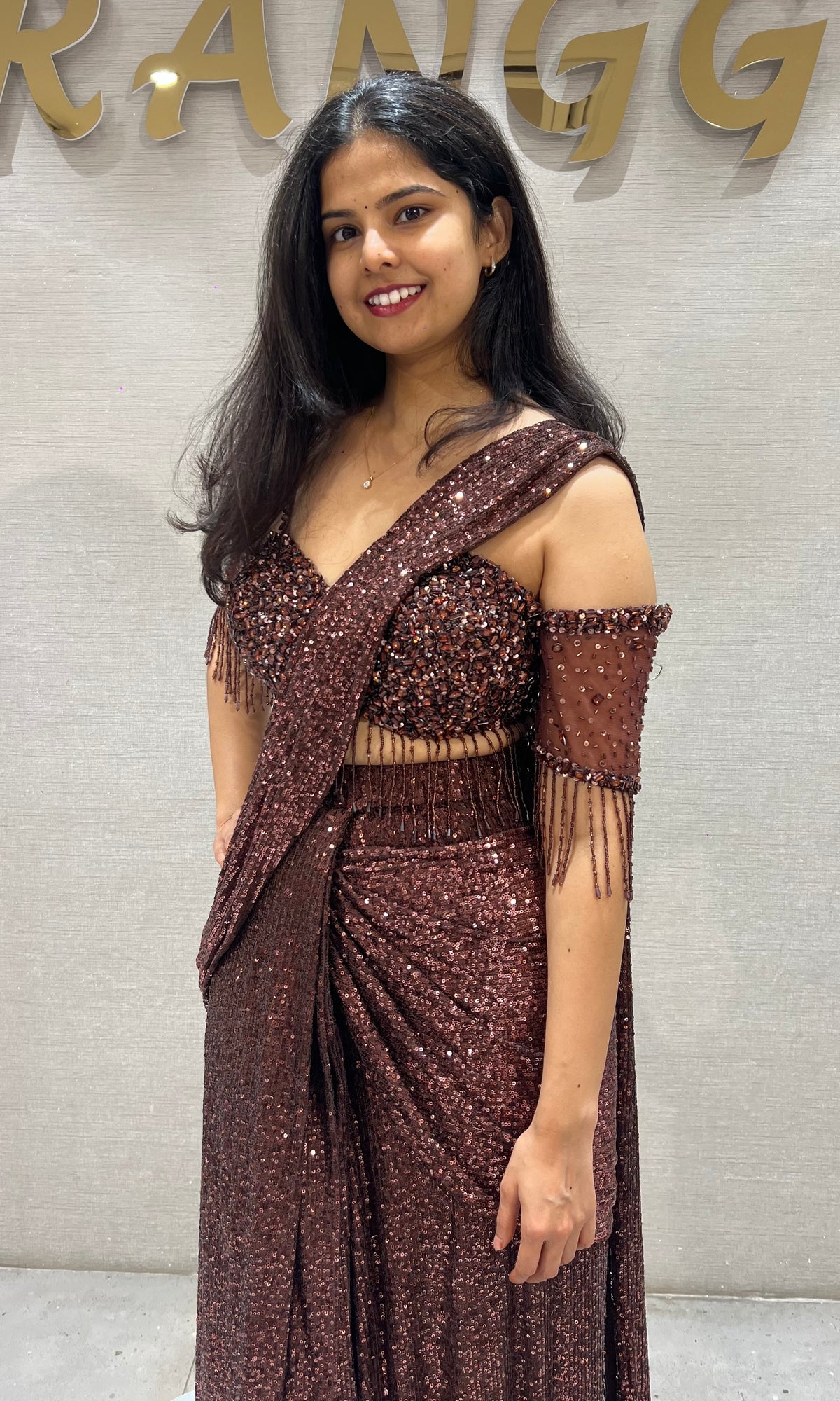 Copper Sequined Draped Saree with Off-Shoulder Blouse