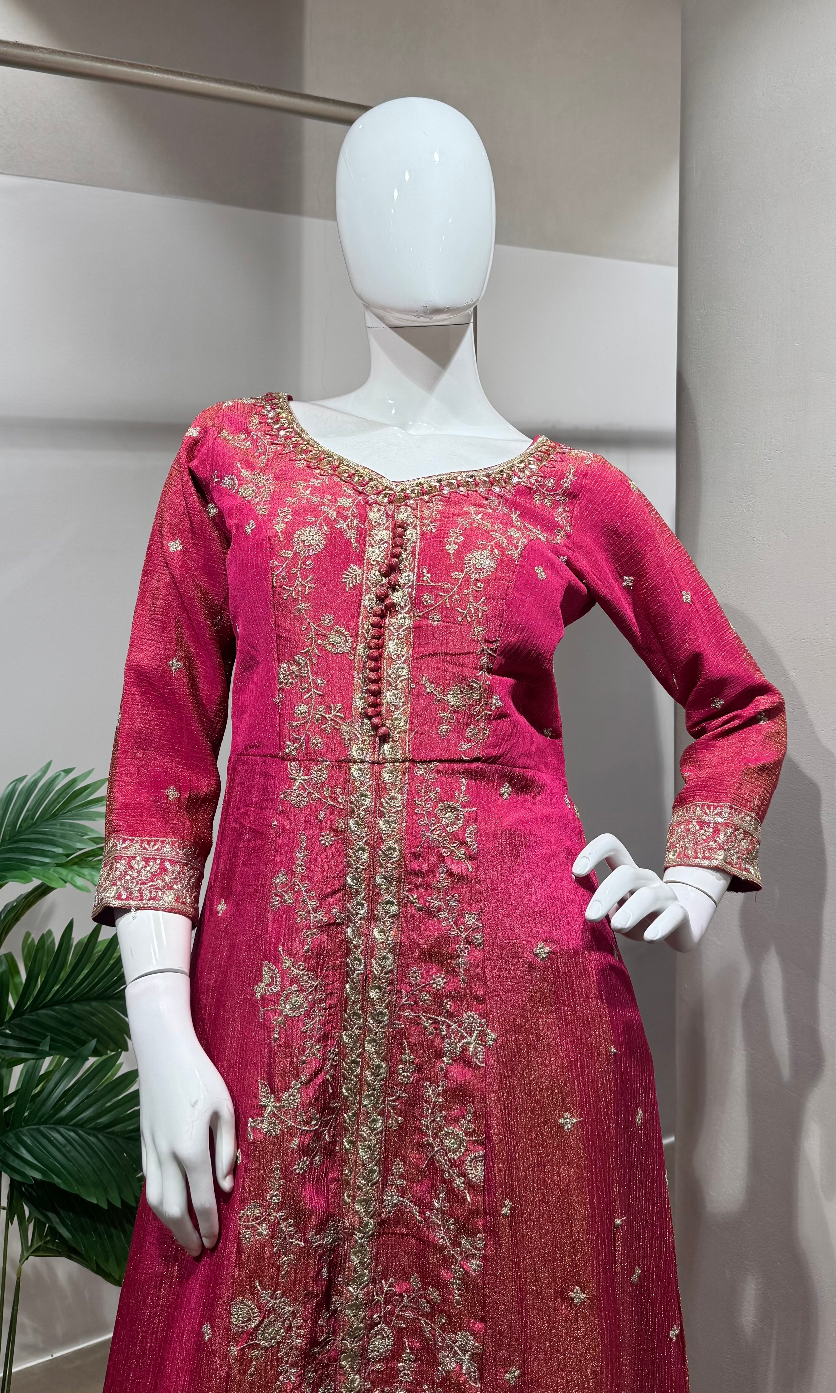 Pink Gold Embroidery Front-Slit Anarkali Set