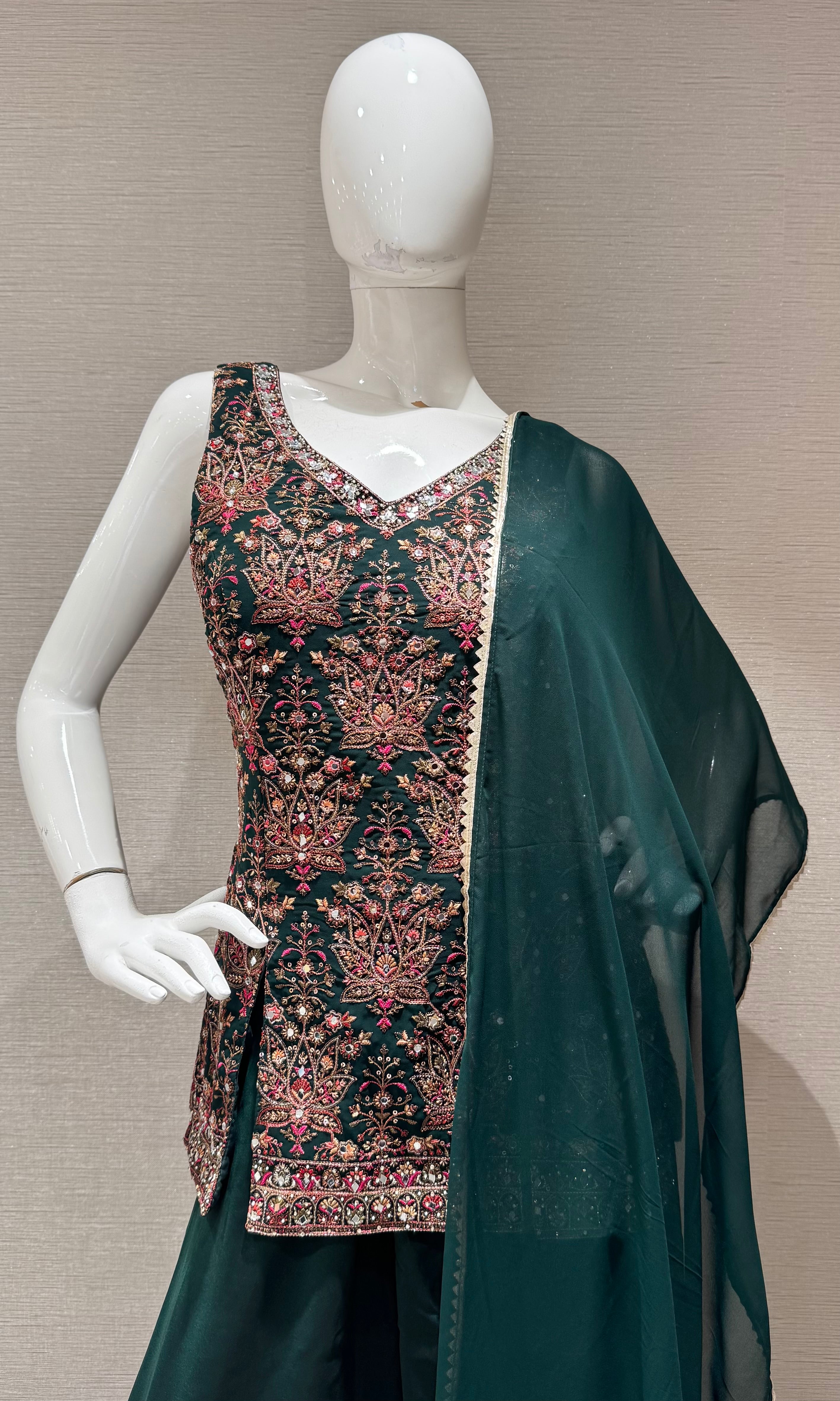 Bottel Green Floral Embroidered Palazzo set