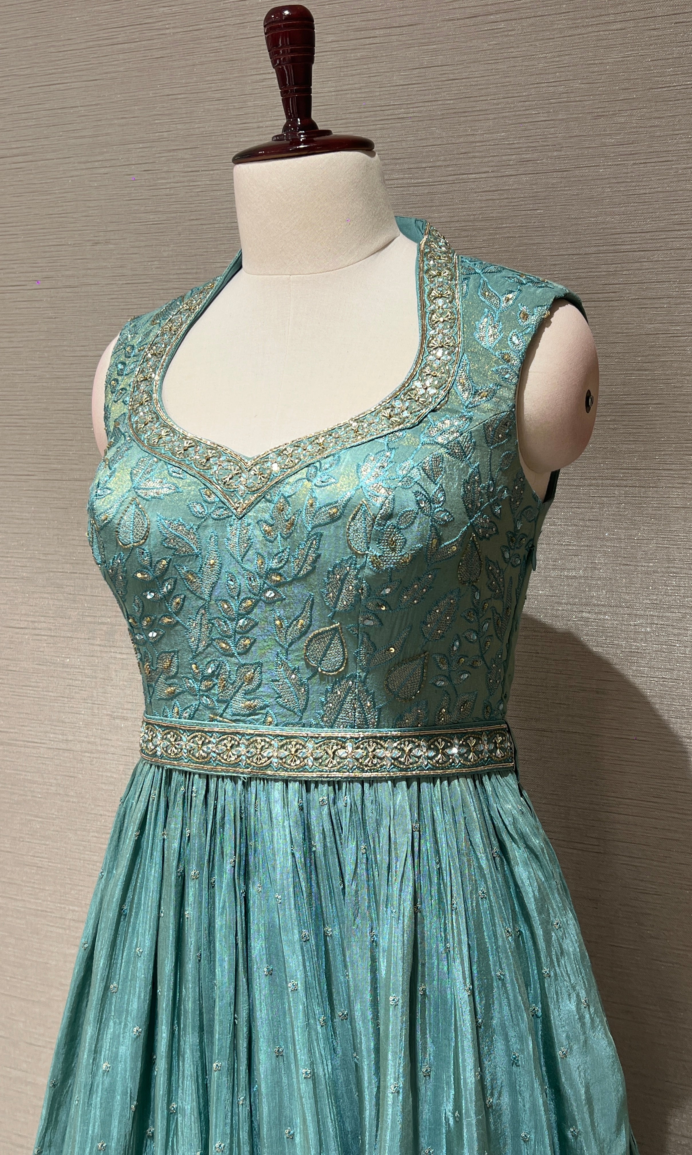 Sea green long anarkali with gold embroidered