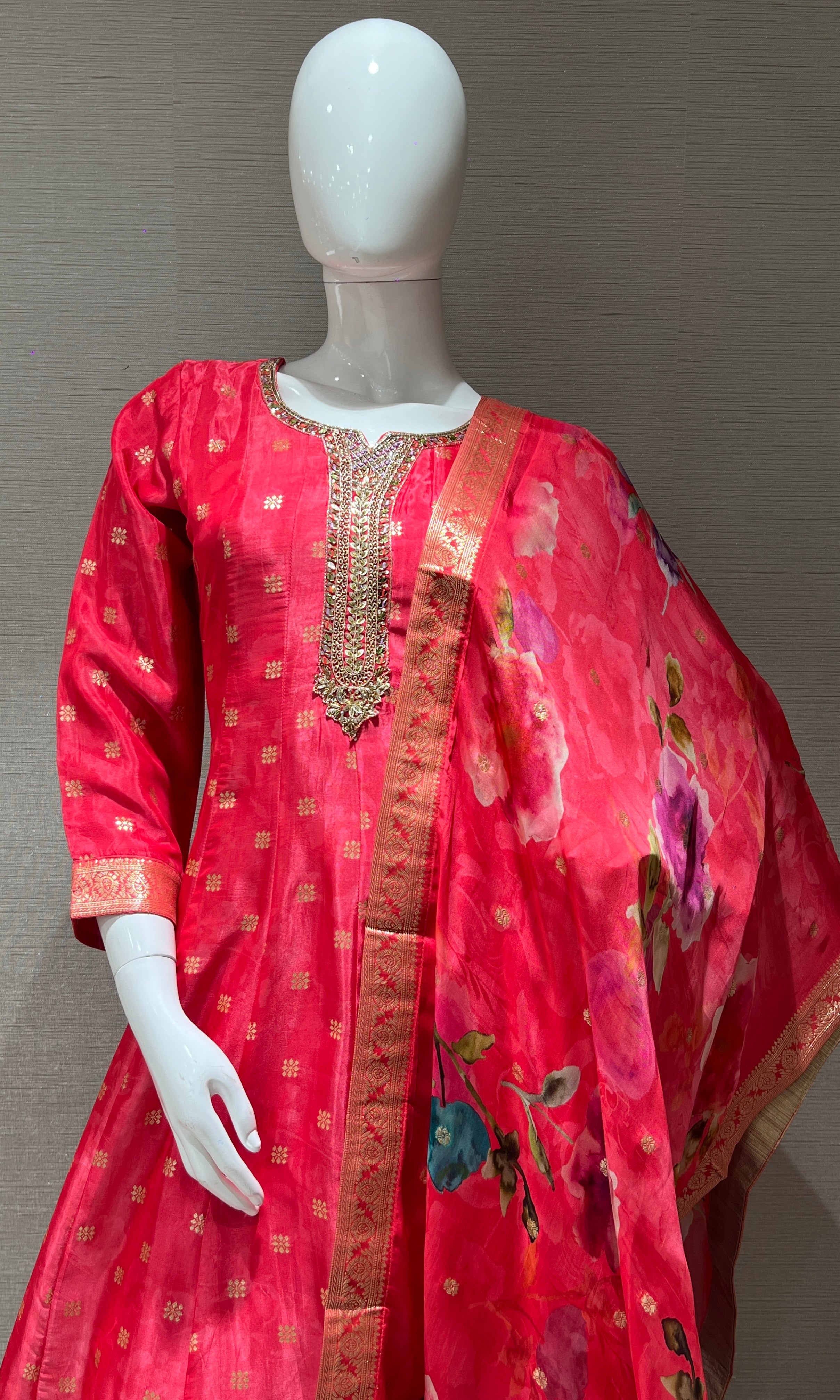 Rani Pink Anarkali with Floral Dupatta