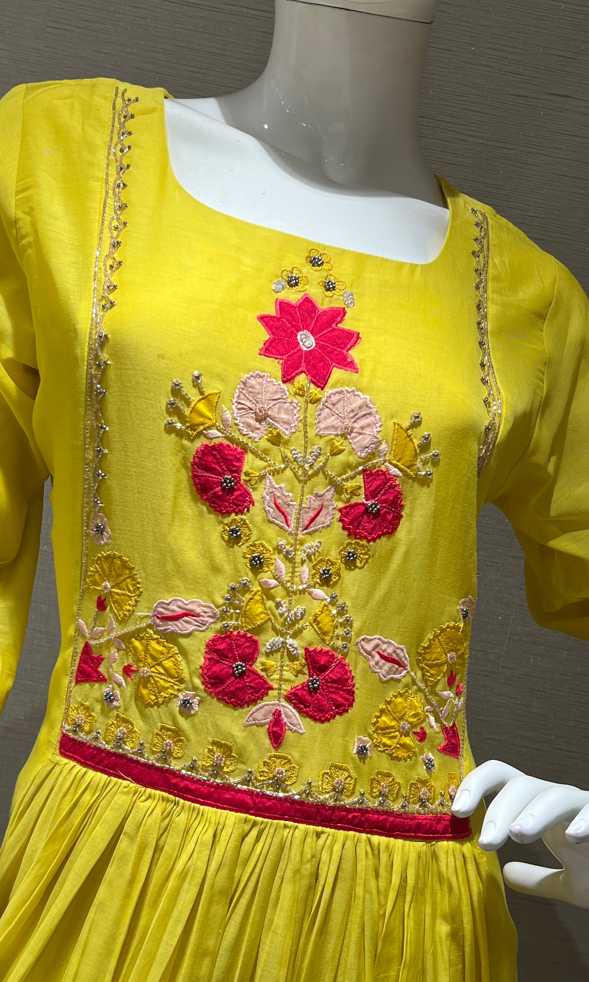 yellow MUL CHANDERI floral embroidered kurta set