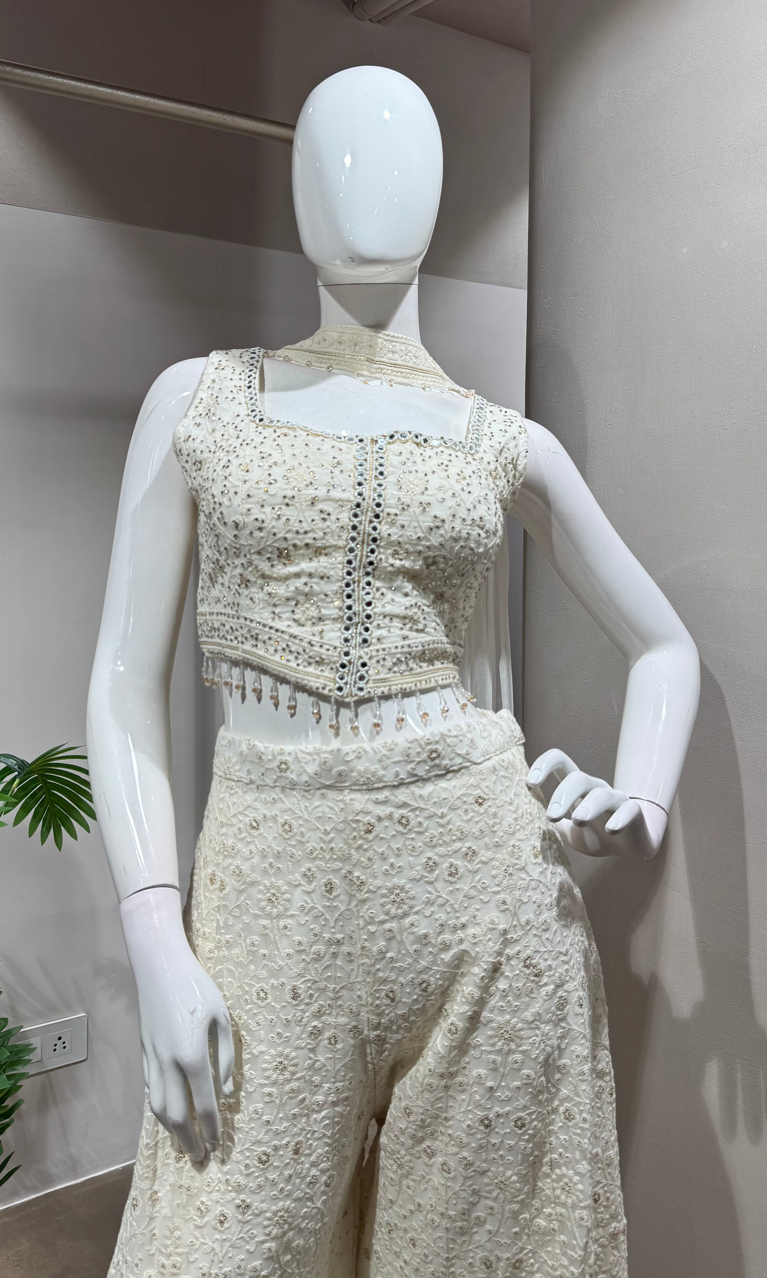 White EMBELLISHED Crop Top WITH Palazzo Set
