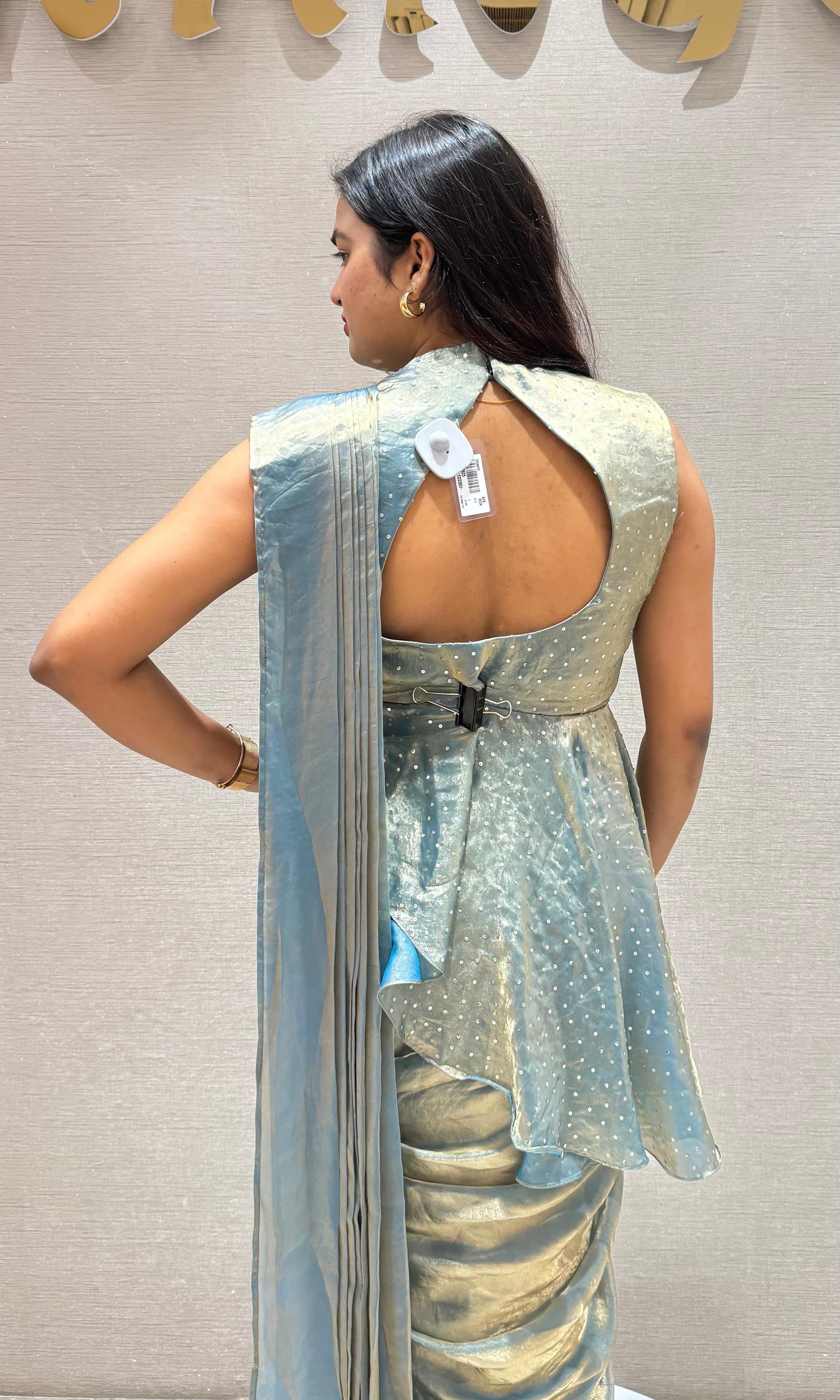 Blue PEPLUM STYLE DRAPE SAREE