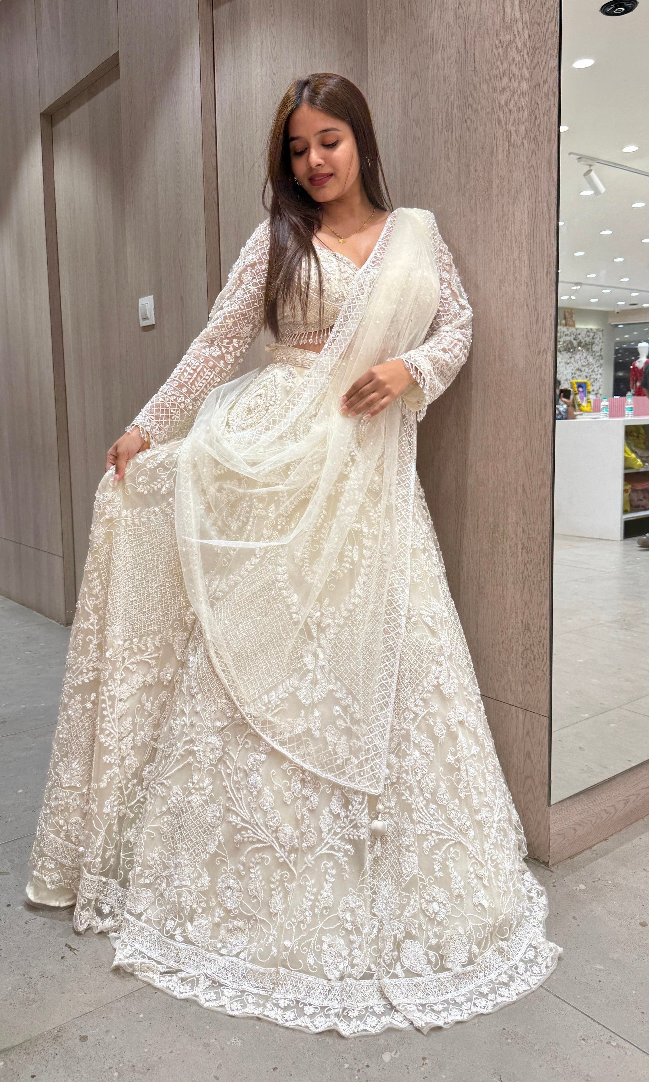 Ivory Pearl White Net Lehenga
