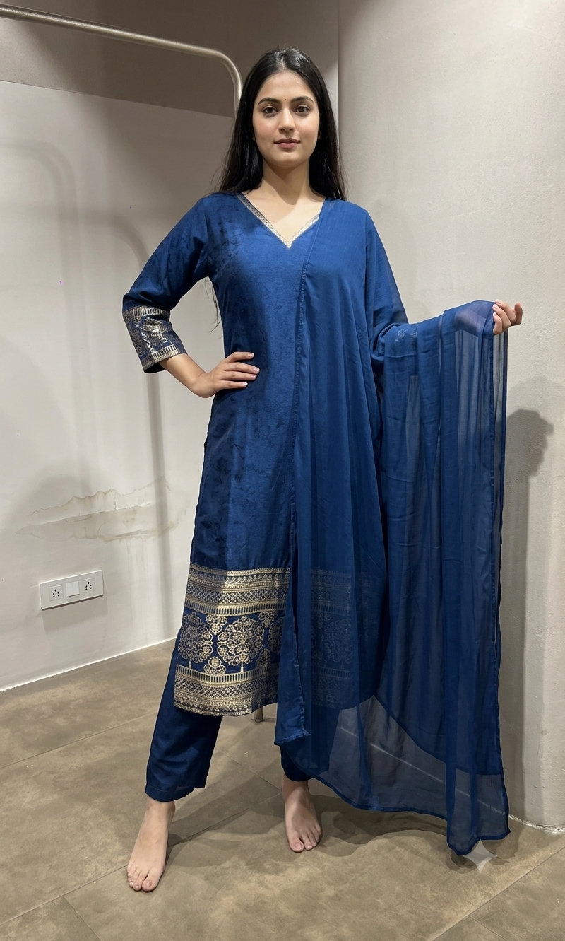 Peacock Blue Silk Straight Kurta Set with Gold Border