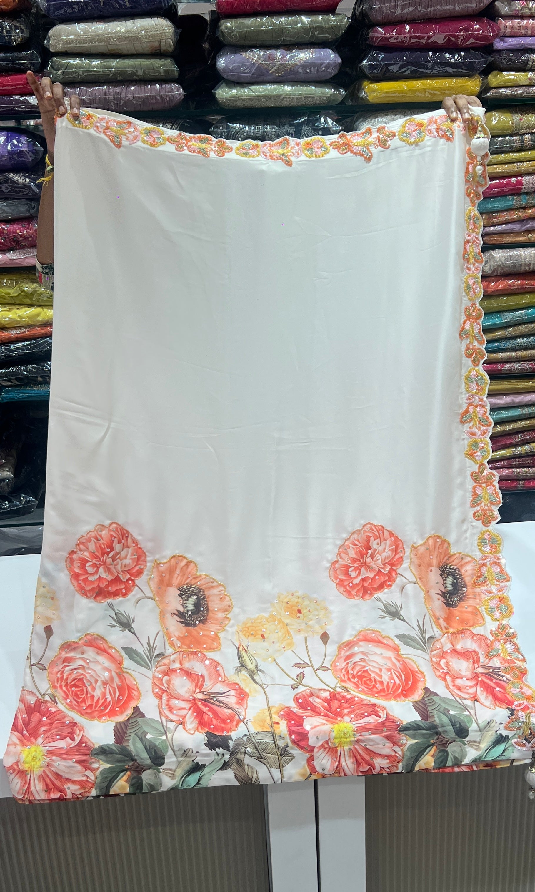 White Floral Print Saree with Sequin ready Blouse