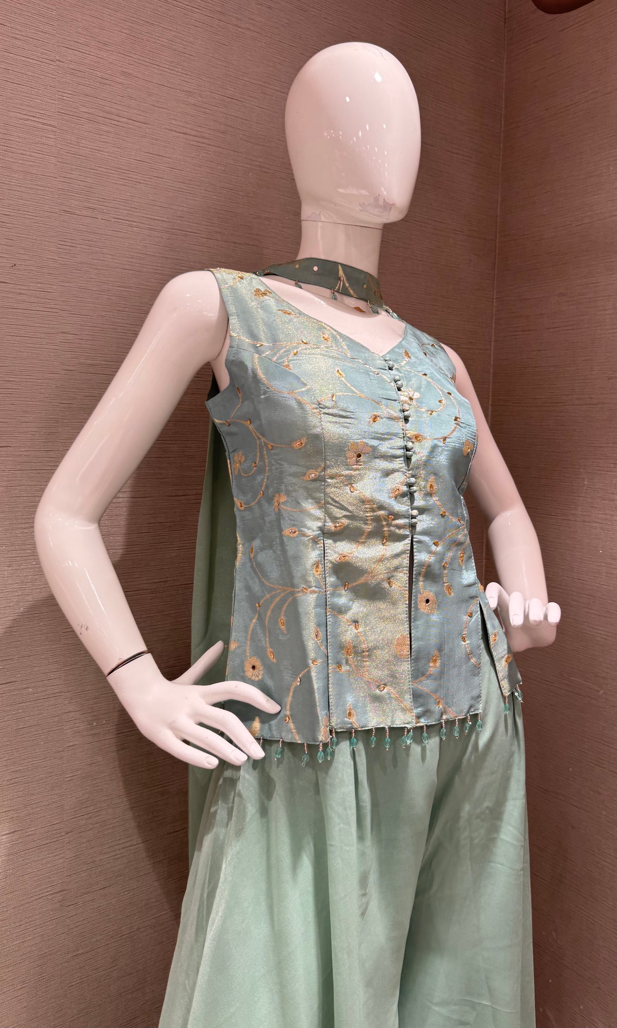 Sage Green Tissue Embroidered Fusion Palazzo Set