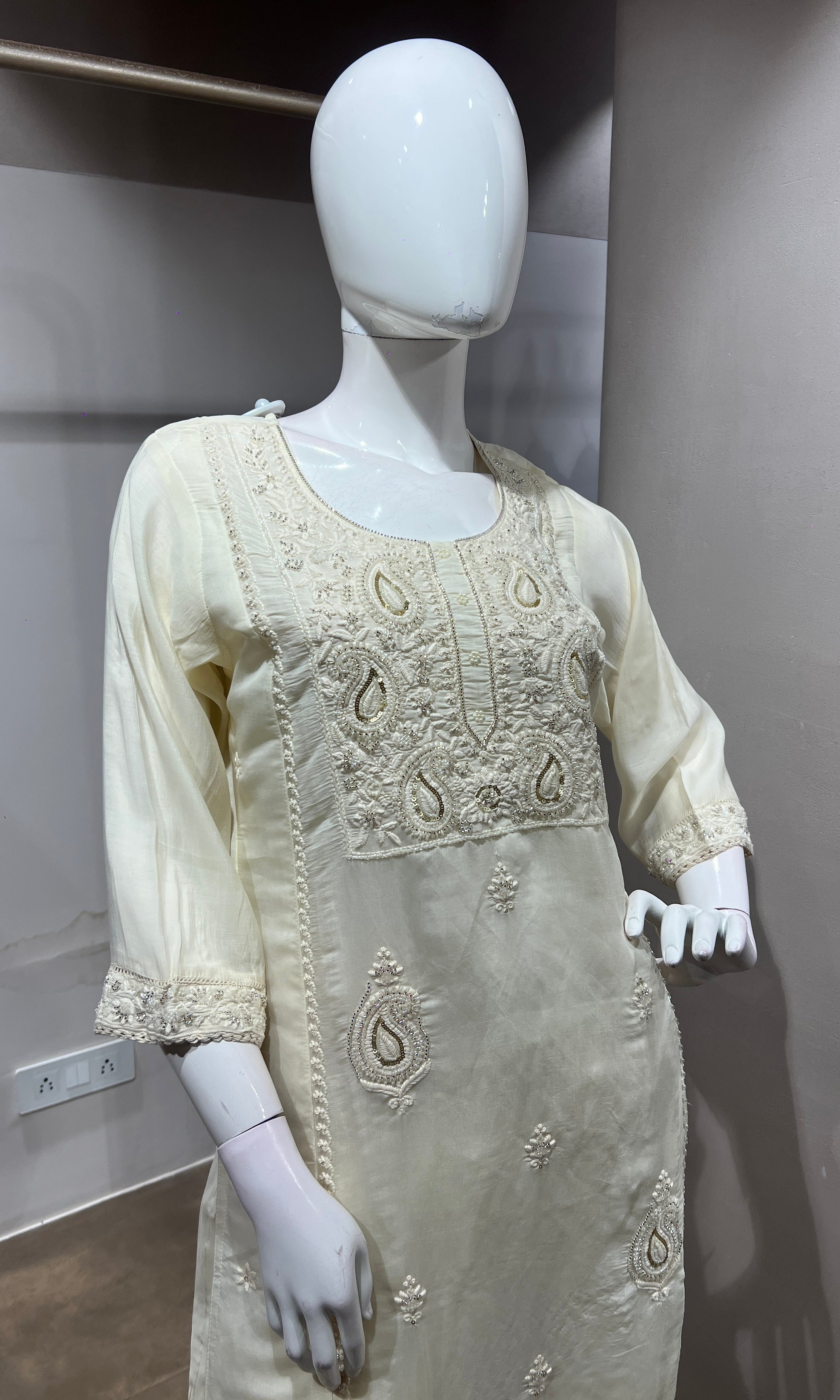 Half White Chanderi Silk Kurta Suit Set