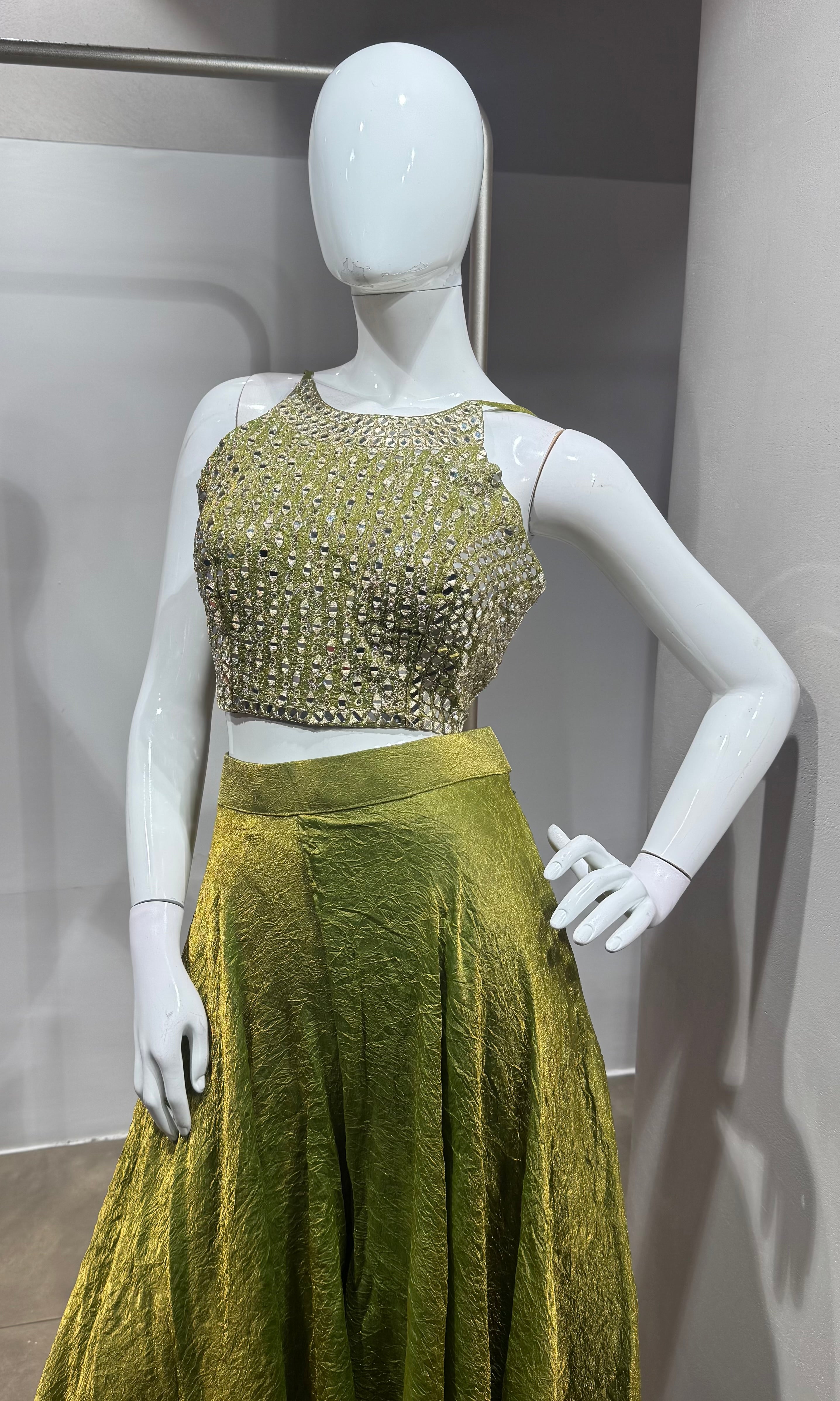 green embellished halter-neck palazzo set