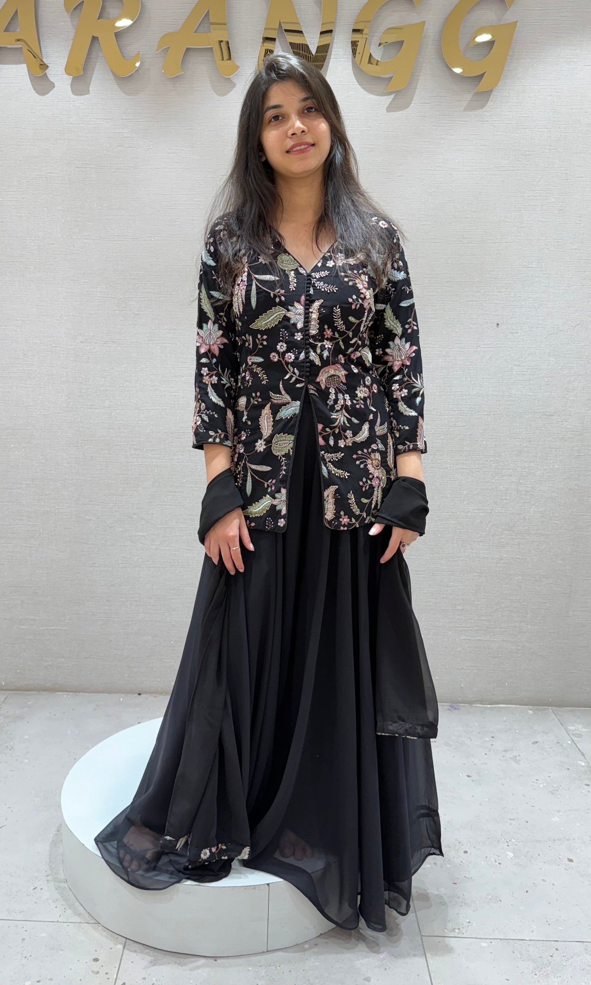 Black FRONT SLIT PEPLUM SHARARA SET