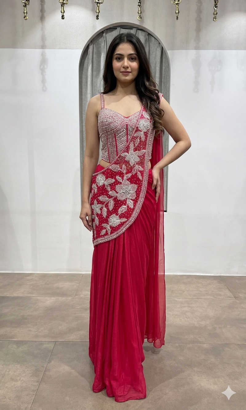 rani drape Saree with Crystal blouse