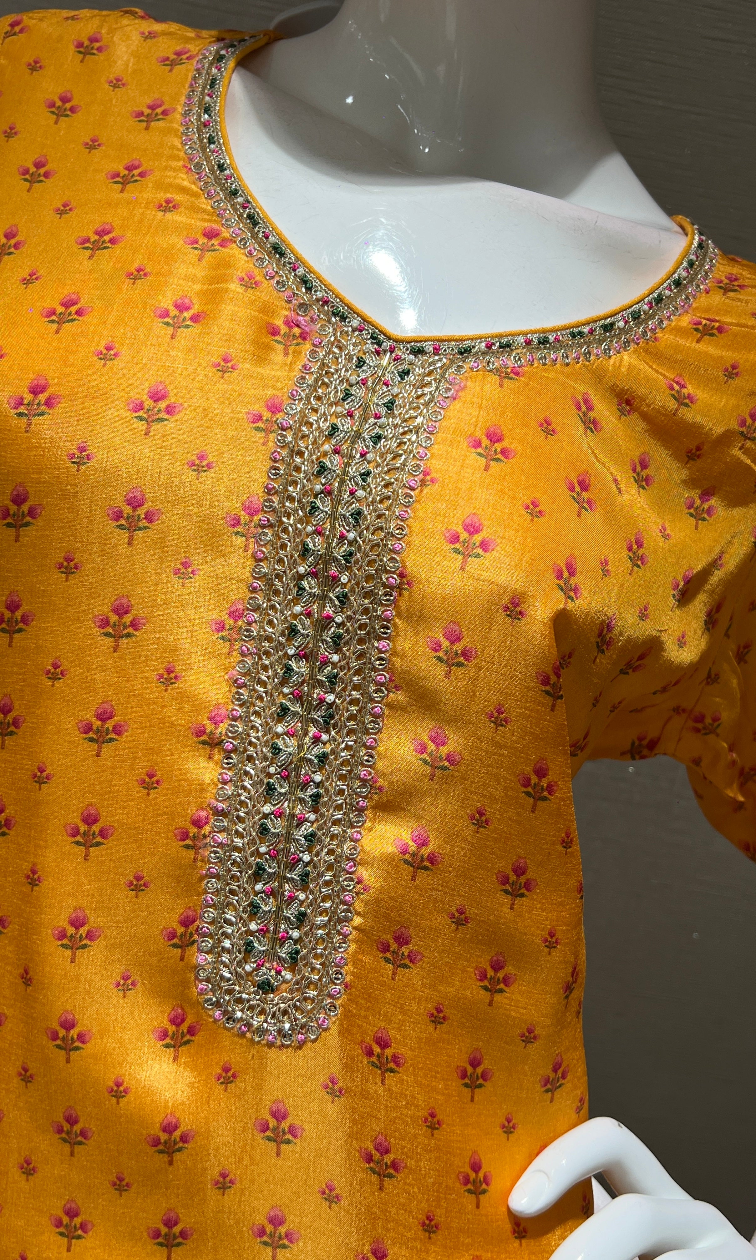 yellow embroidered printed kurta set