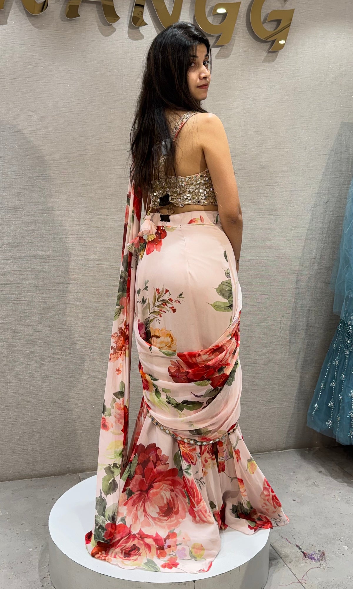 Peach Floral Printed Georgette Draped Saree Set with Embroidered Blouse