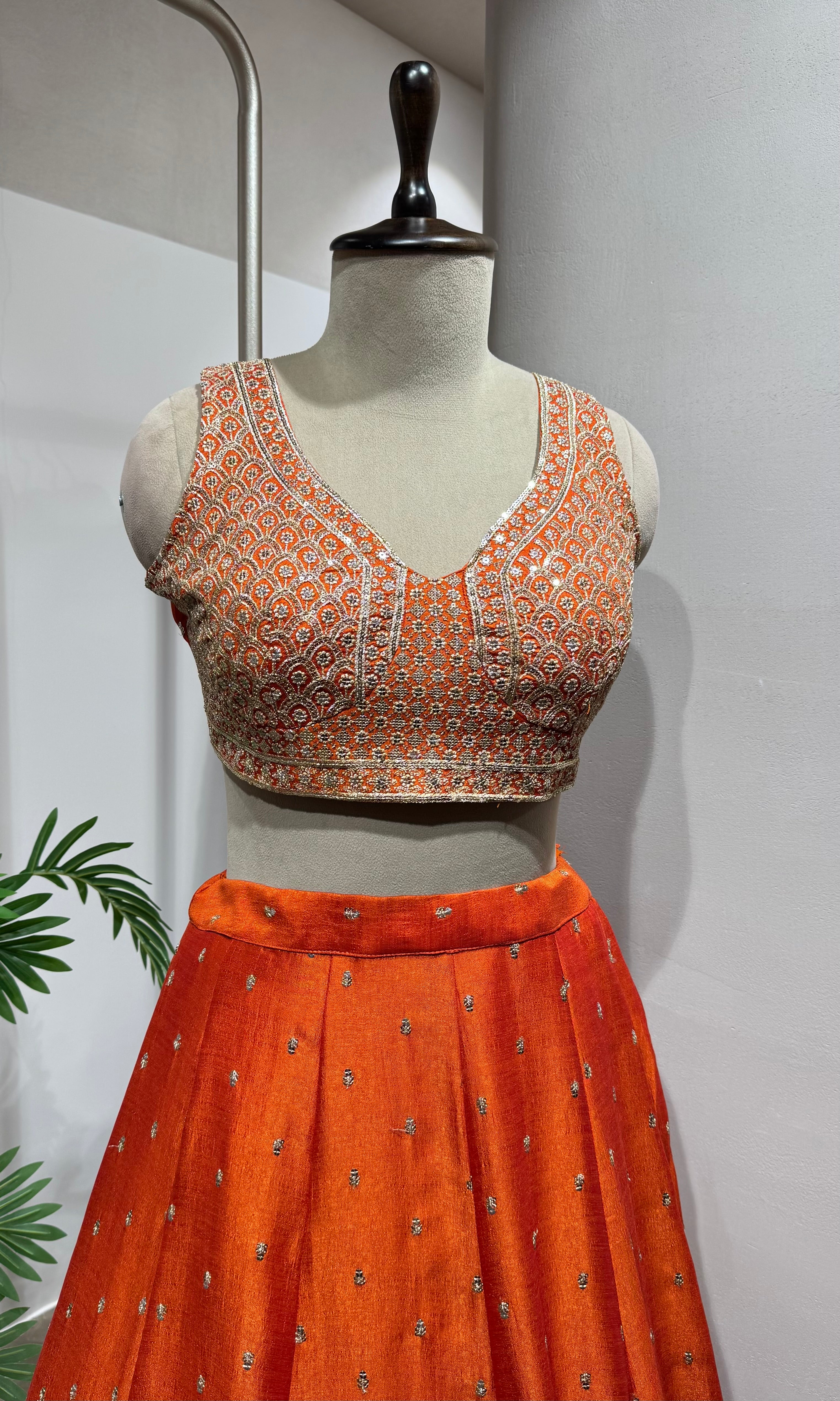 orange embroidered silk lehenga choli set