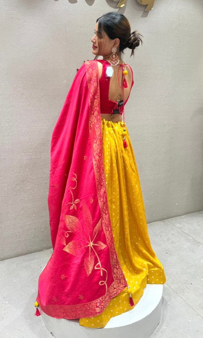 sunshine yellow and rani pink lehenga