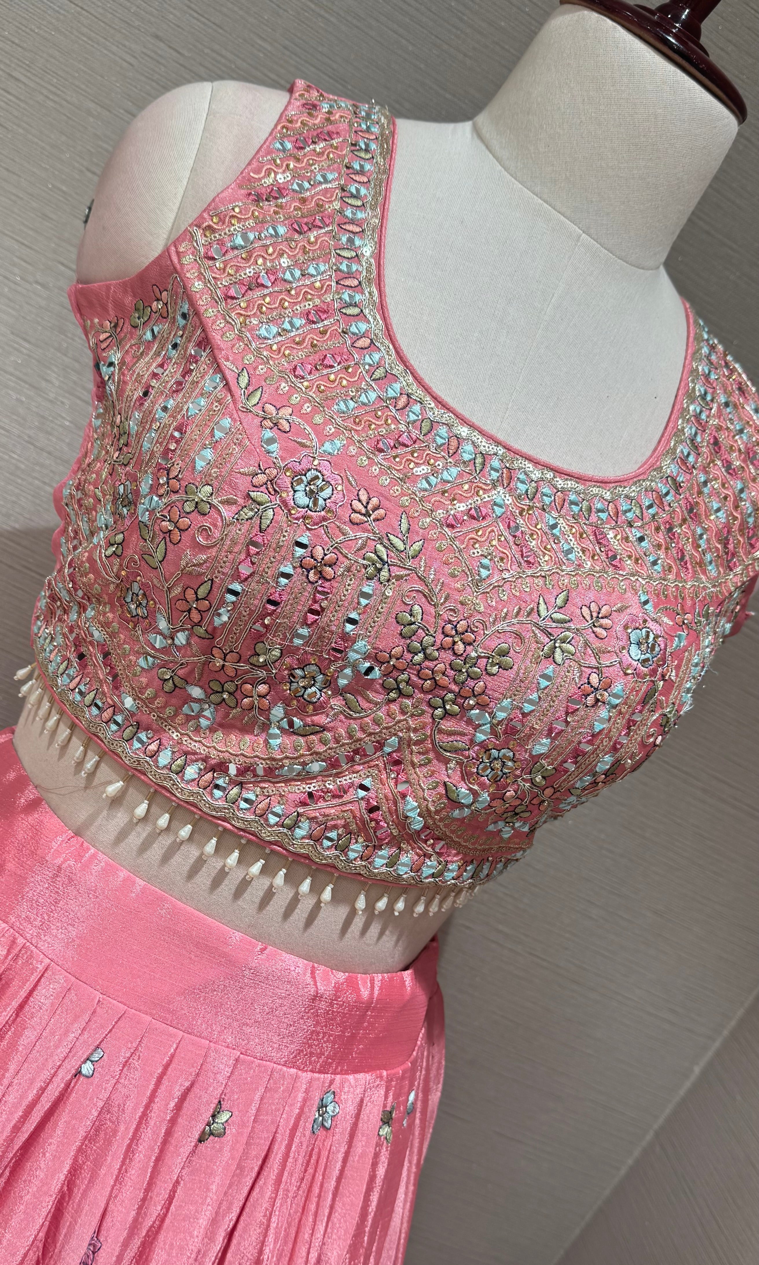 Rose Pink tissue silk Embroidered Lehenga set