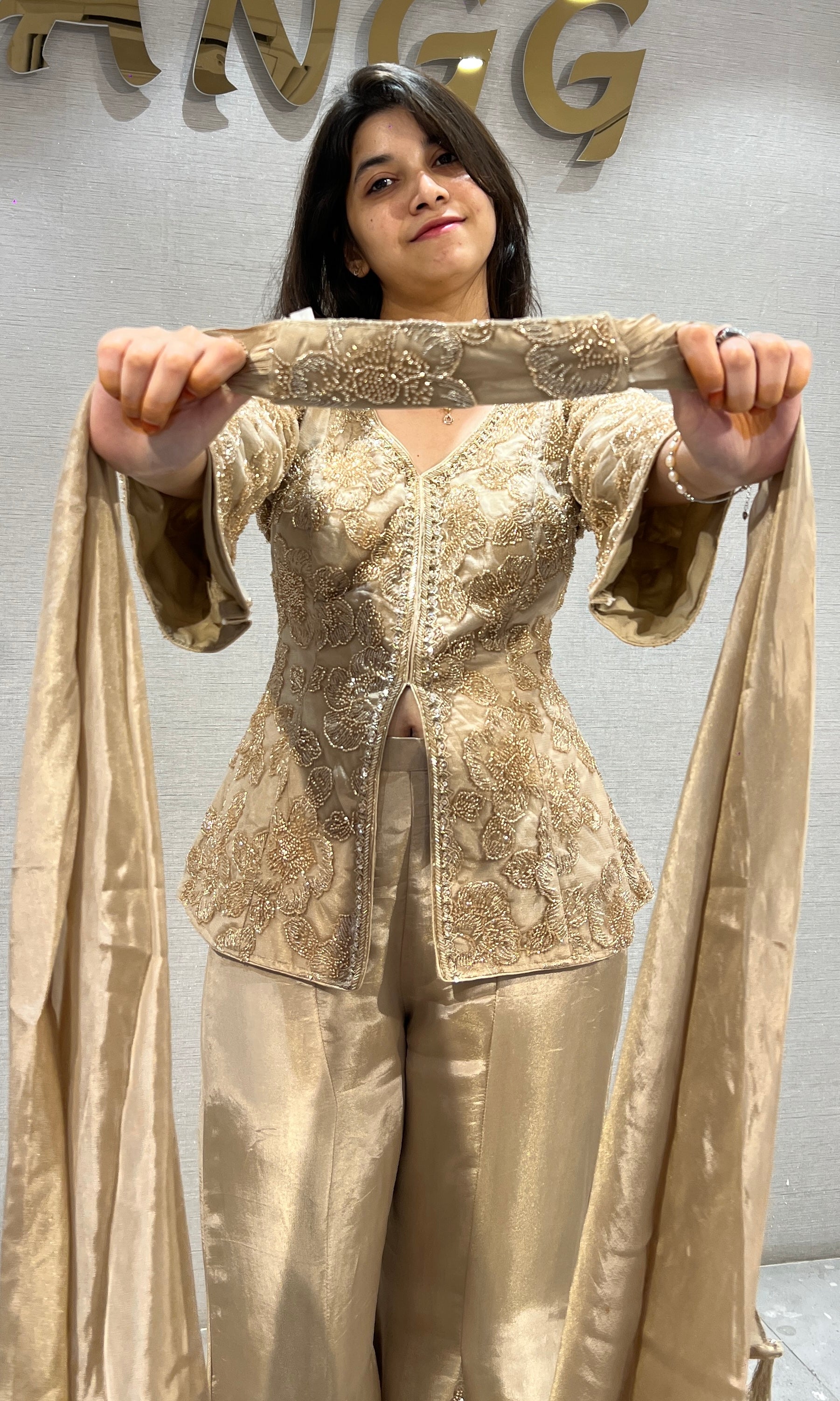 Beige and Gold Embroidered Palazzo set