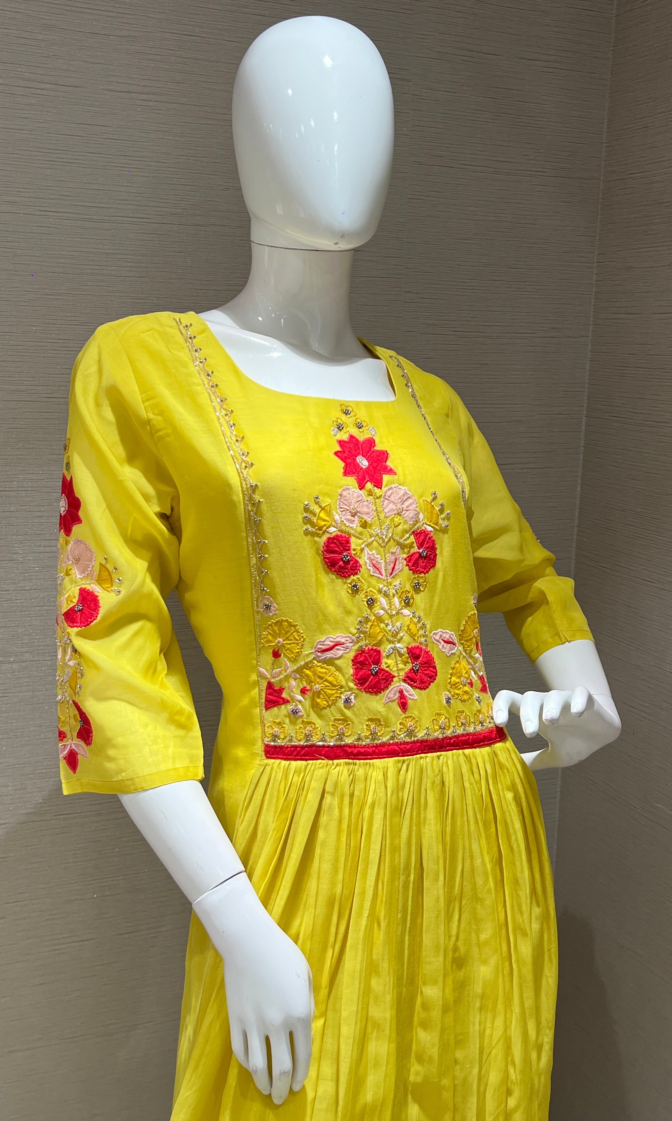 yellow MUL CHANDERI floral embroidered kurta set