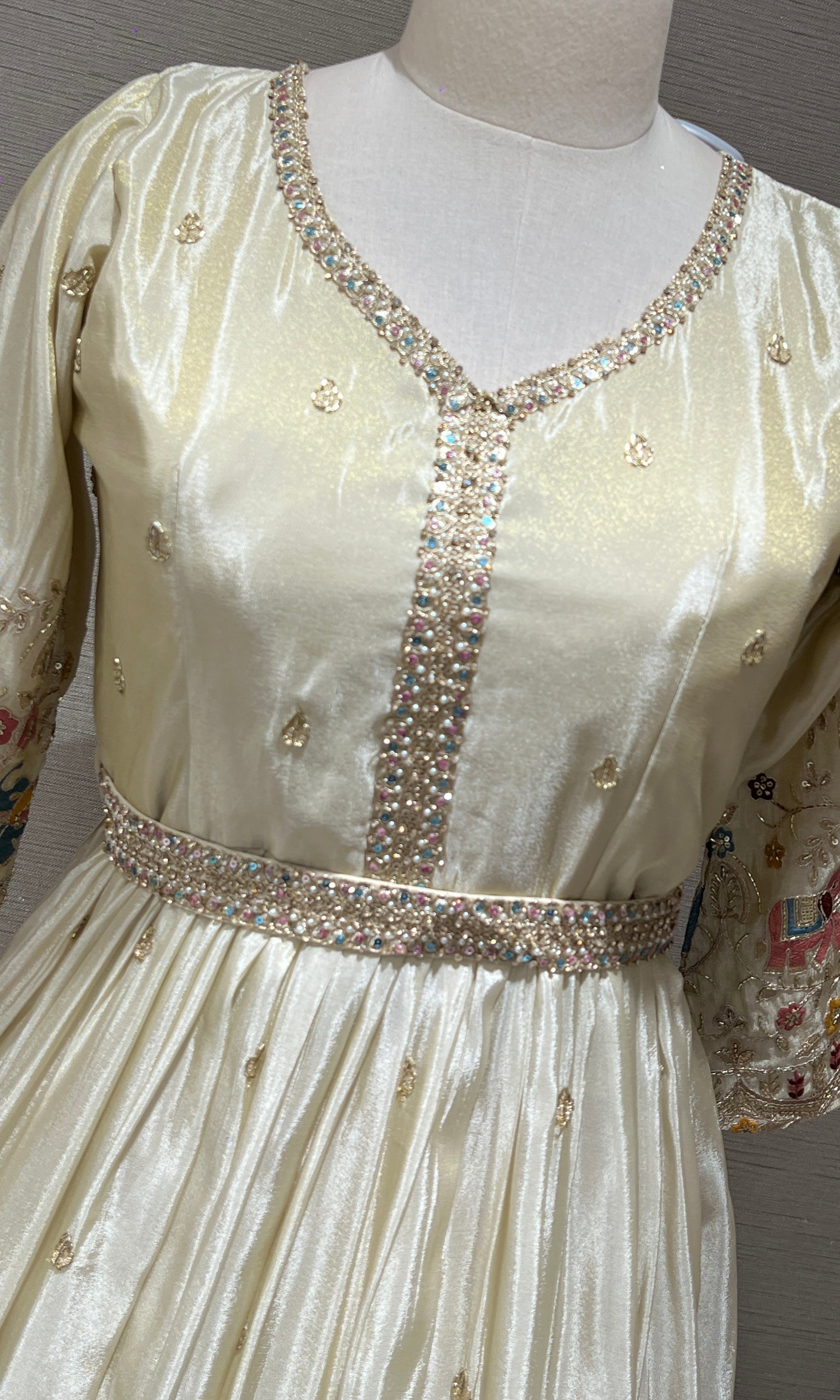 Elegant Cream Anarkali Long Gown with Floral Embroidery