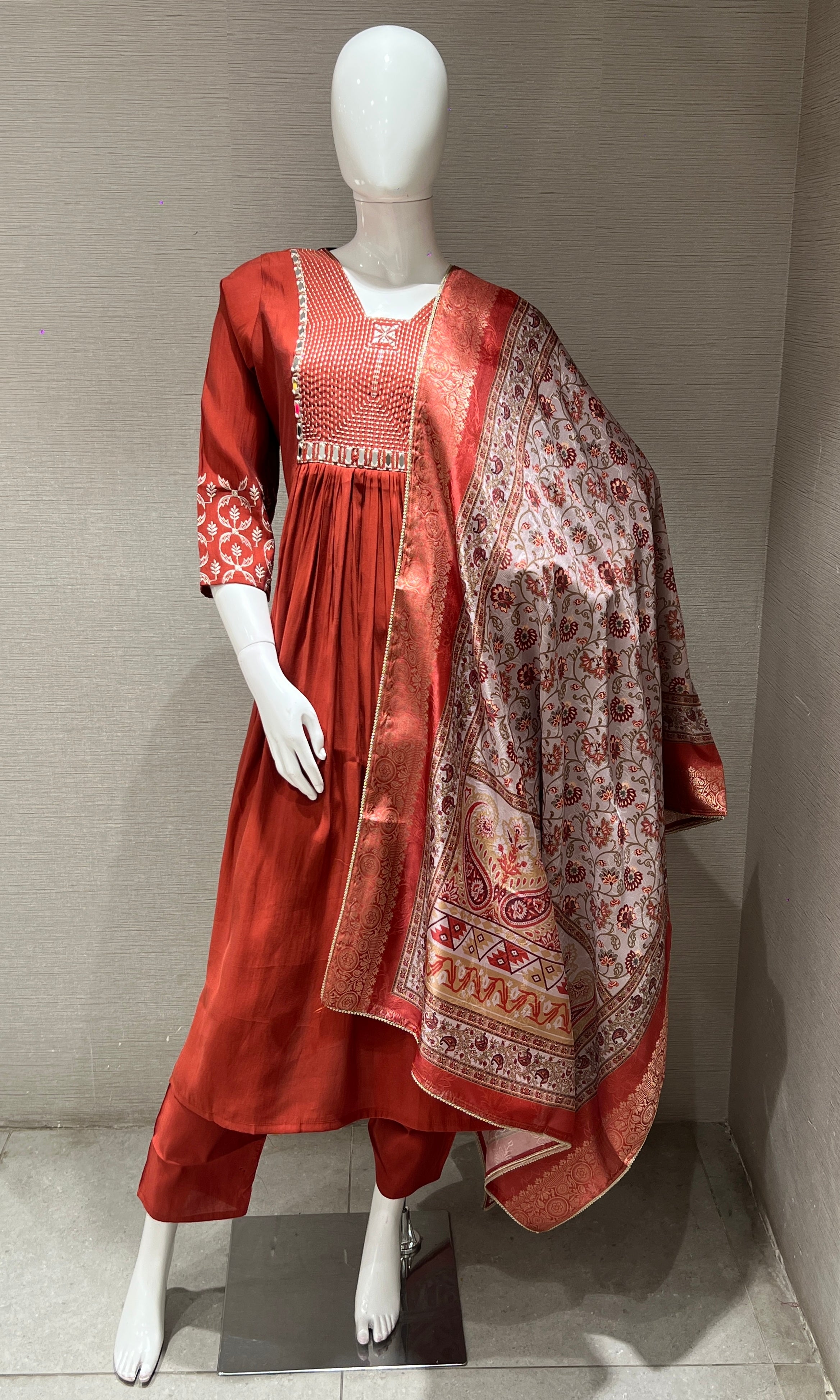 Rust Embroidered Kurta Set with Print Dupatta