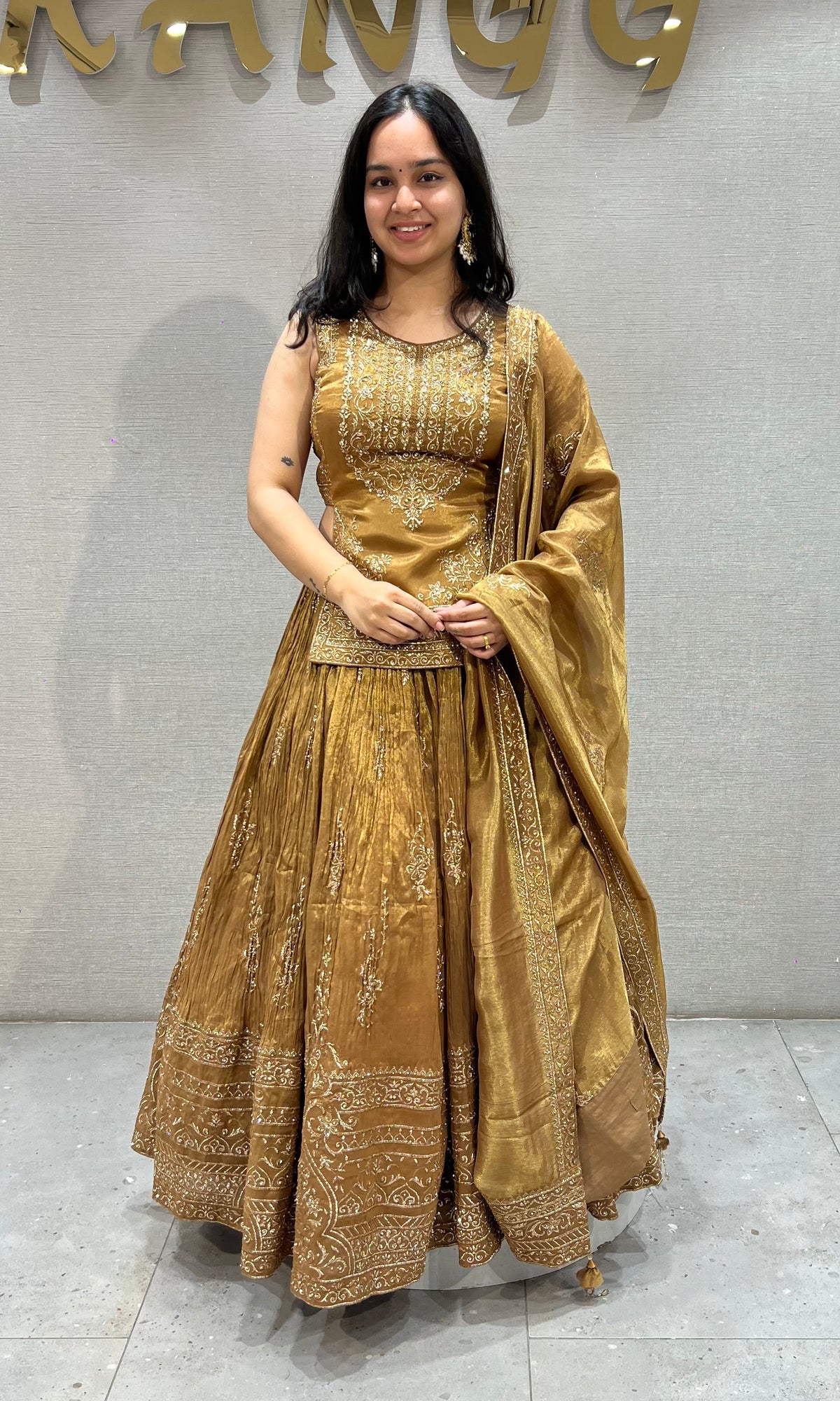 Brown Golden Tissue silk Lehenga Set
