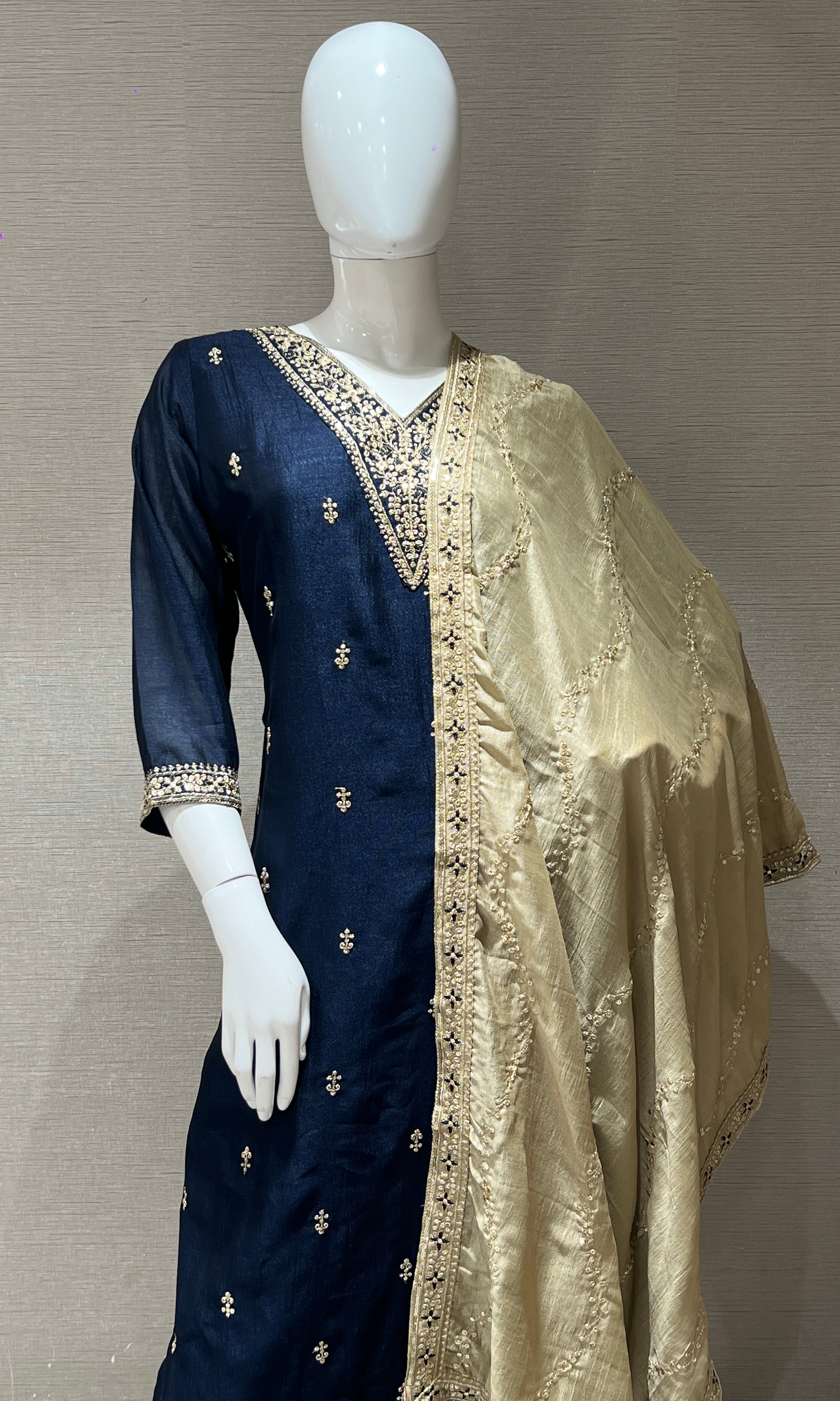 Navy blue kurta set with contrast gold duppatta