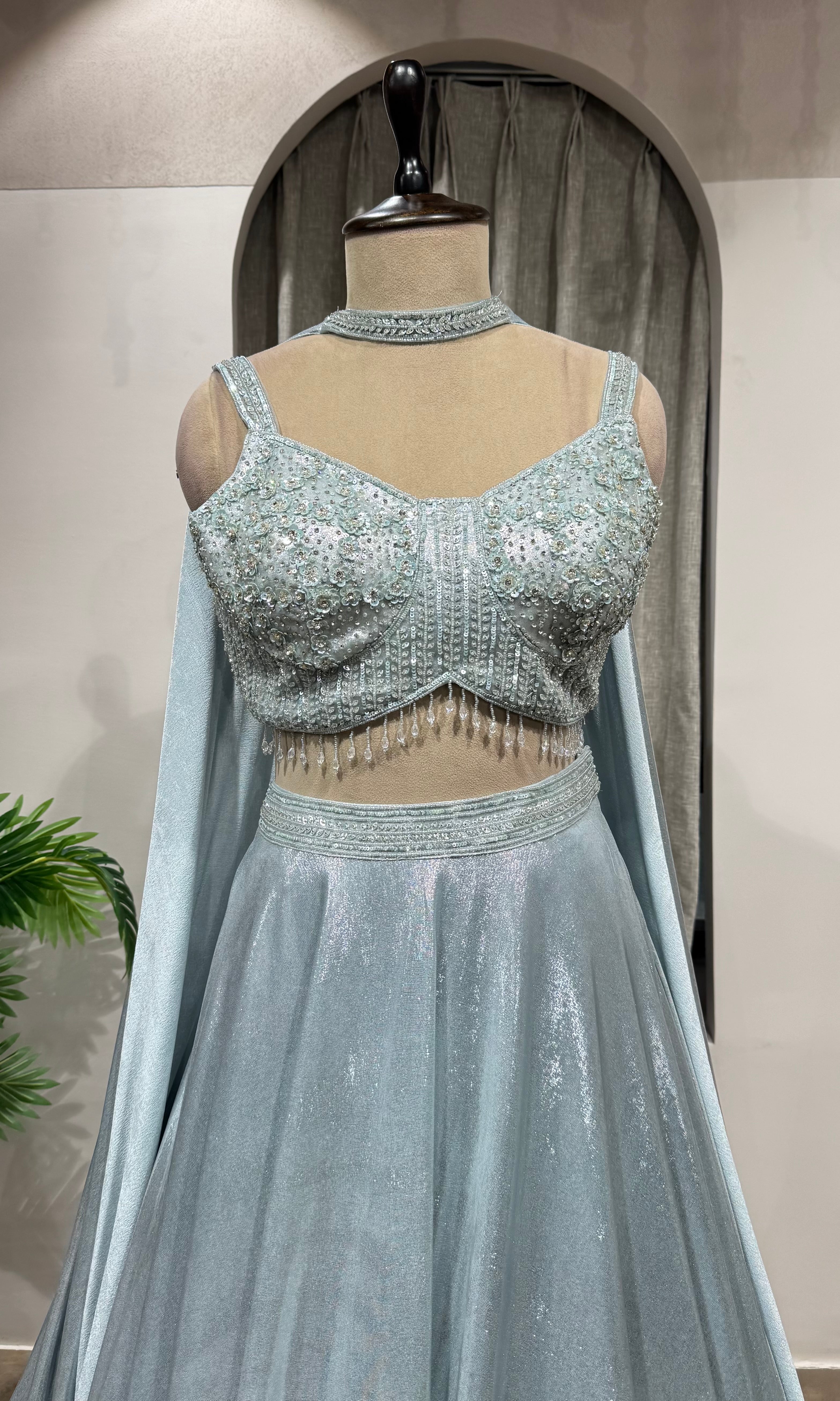 Sea Blue Shimmer Lehenga with Embroidered Blouse