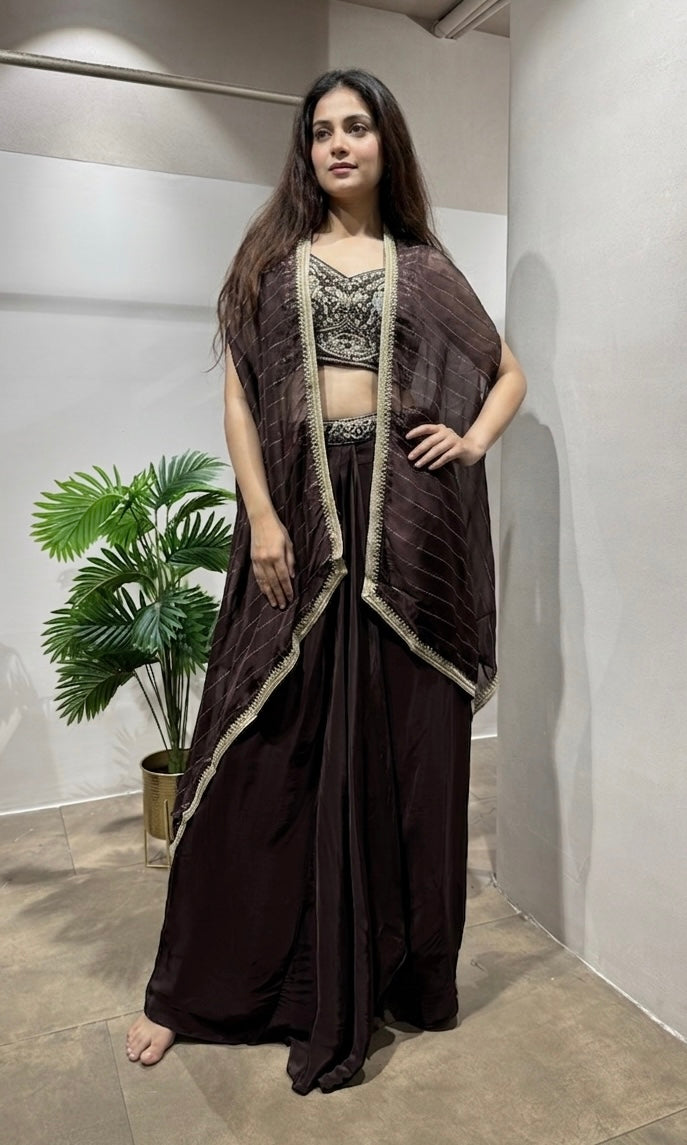 Brown silk drape skirt with cape & crop top