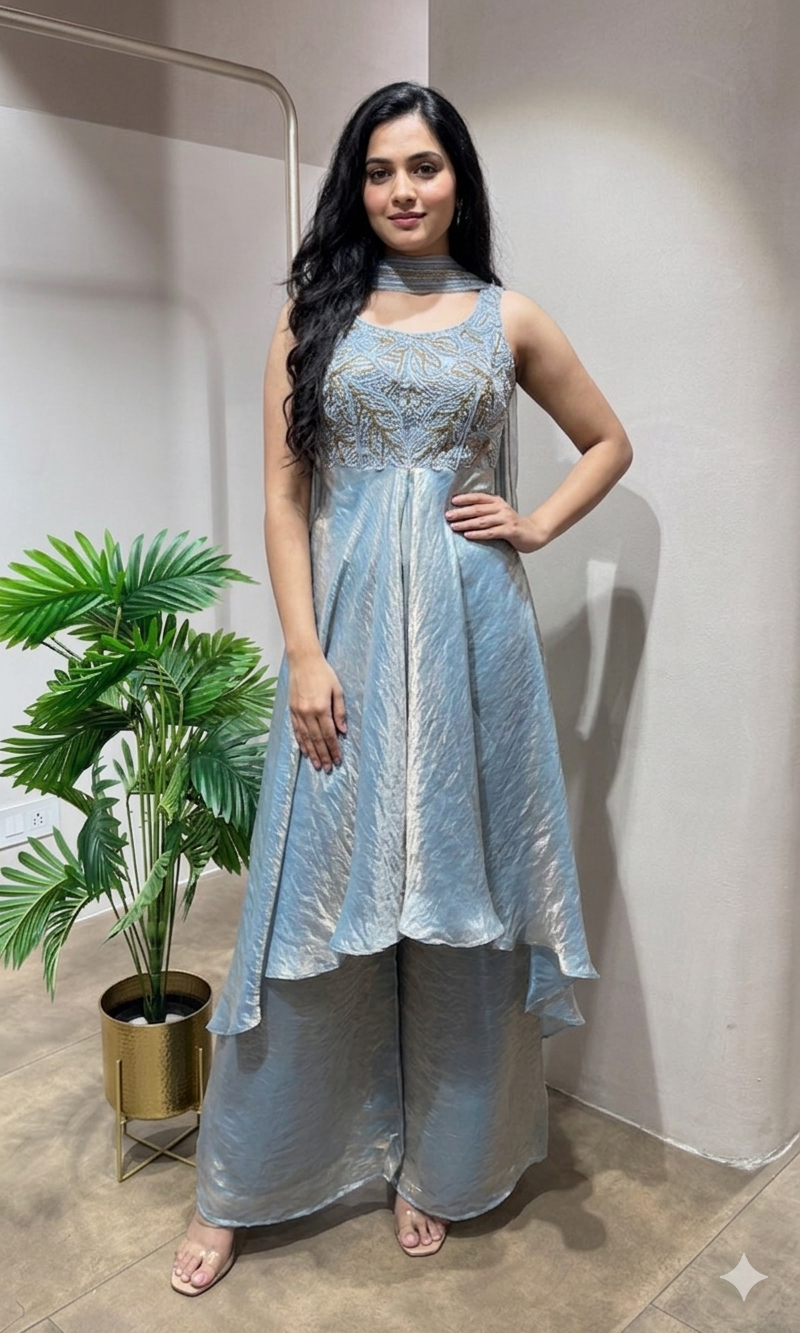 SKY BLUE A LINE SHIMMER TISSUE PALAZZO