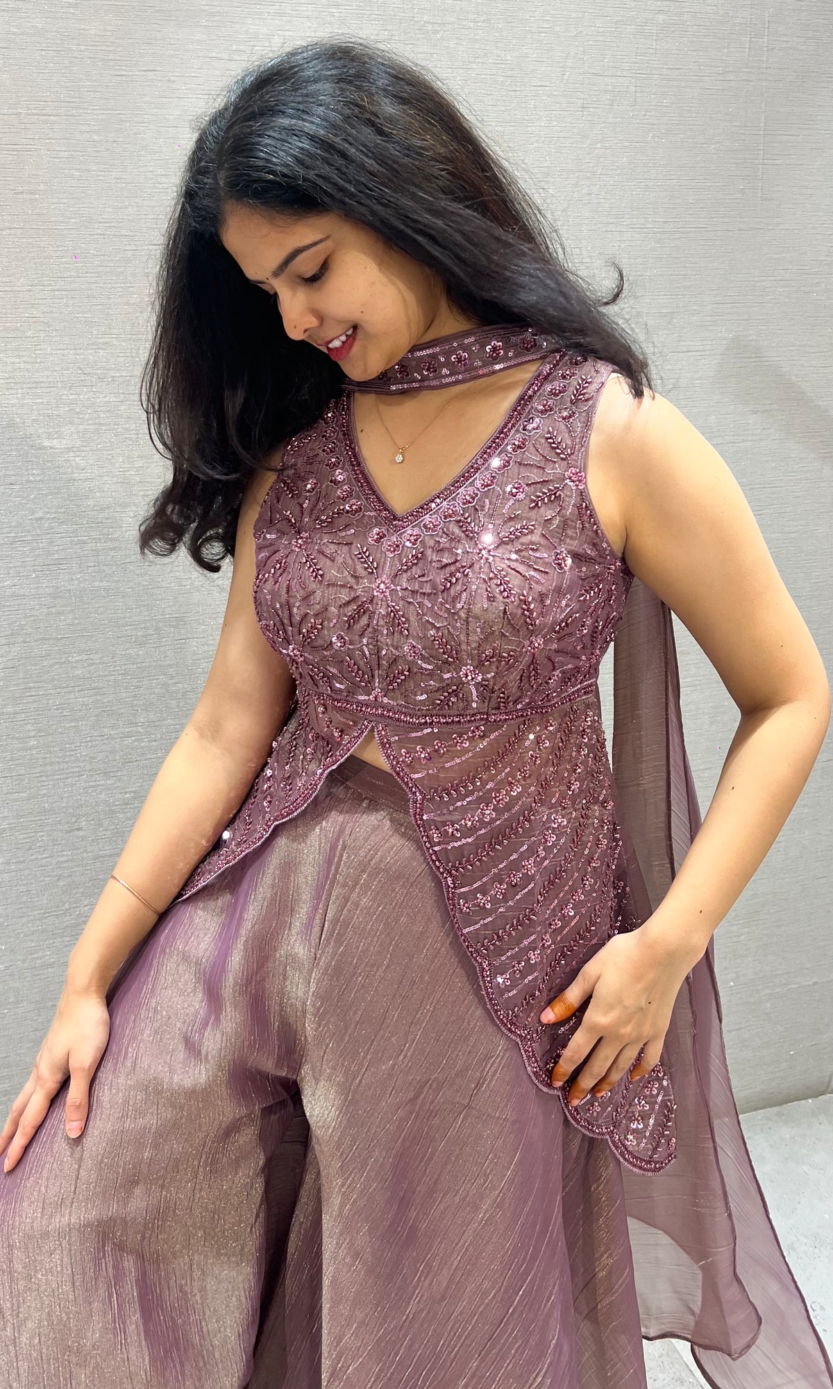Mauve tissue Silk Palazzo Set with butterfly top & dupatta