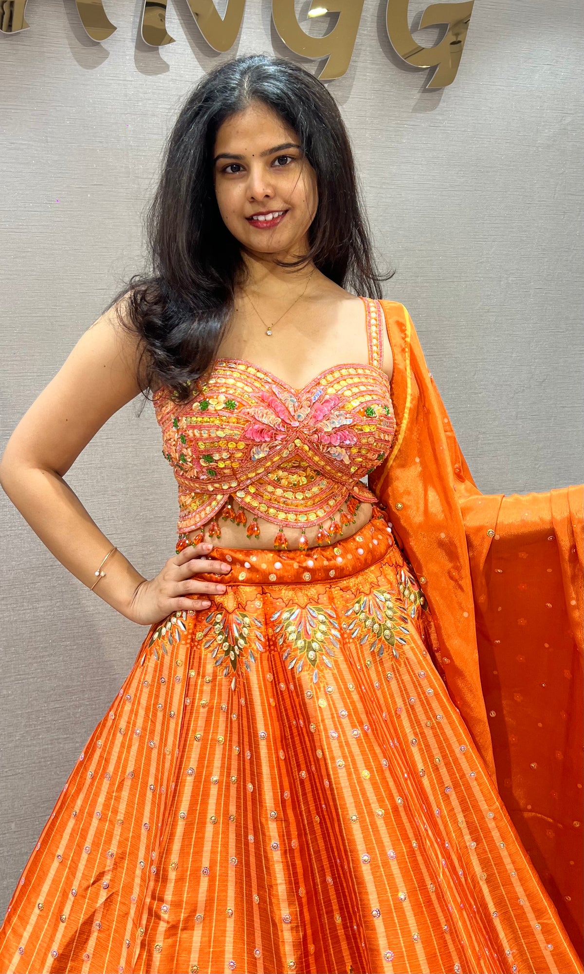 Orange Embroidered Organza Lehenga Choli Set