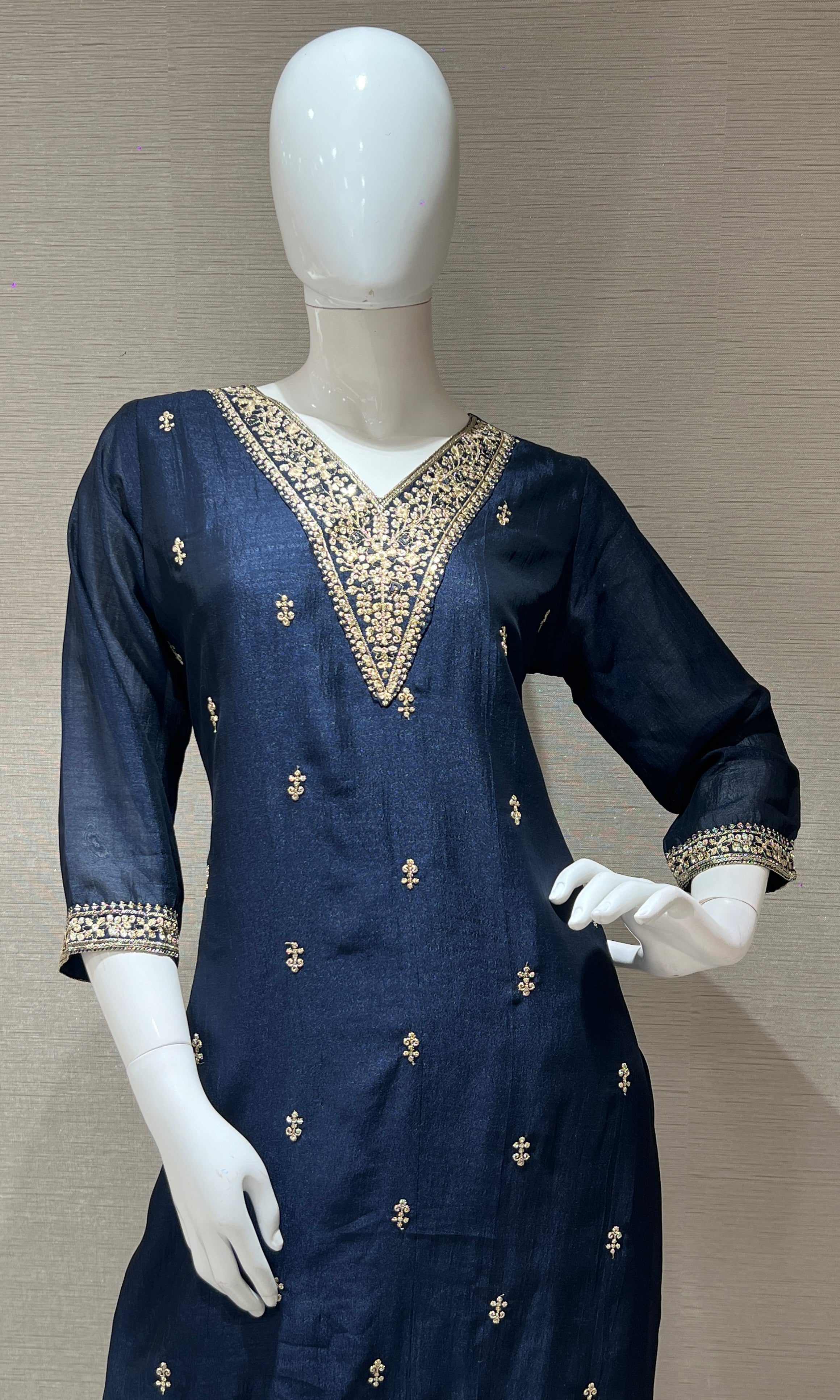 Navy blue kurta set with contrast gold duppatta