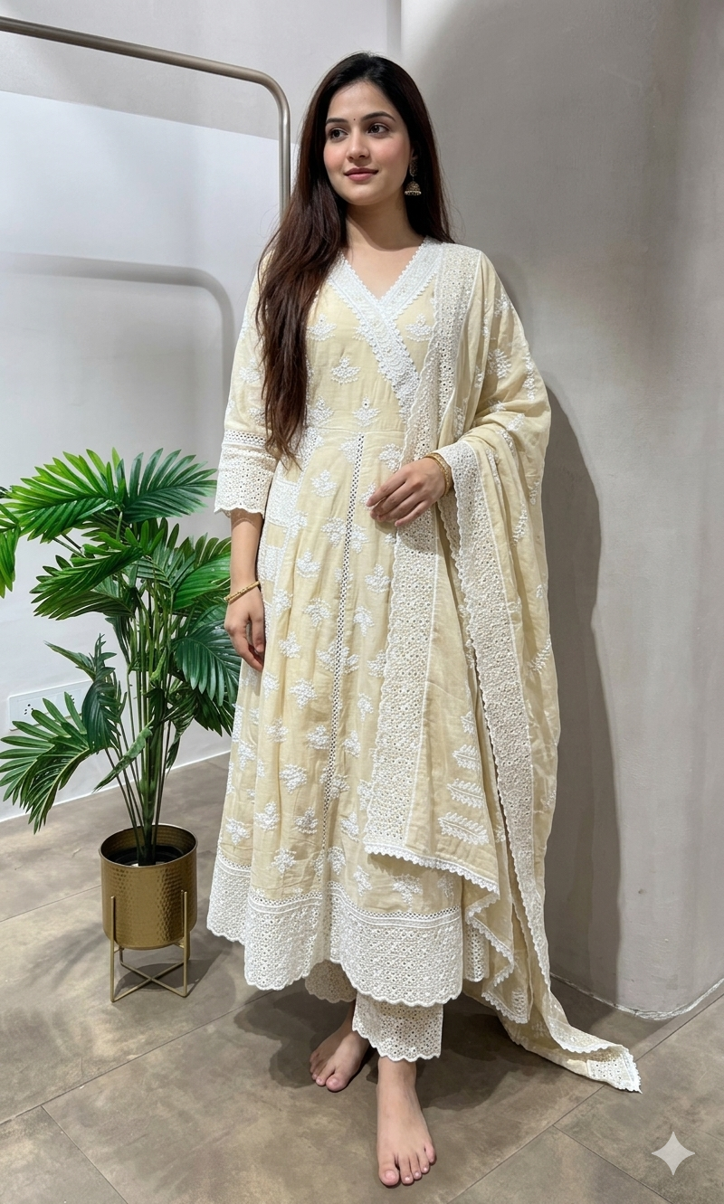 BEIGE LUCKNOWI STYLE CHIKANKARI ANARAKALI