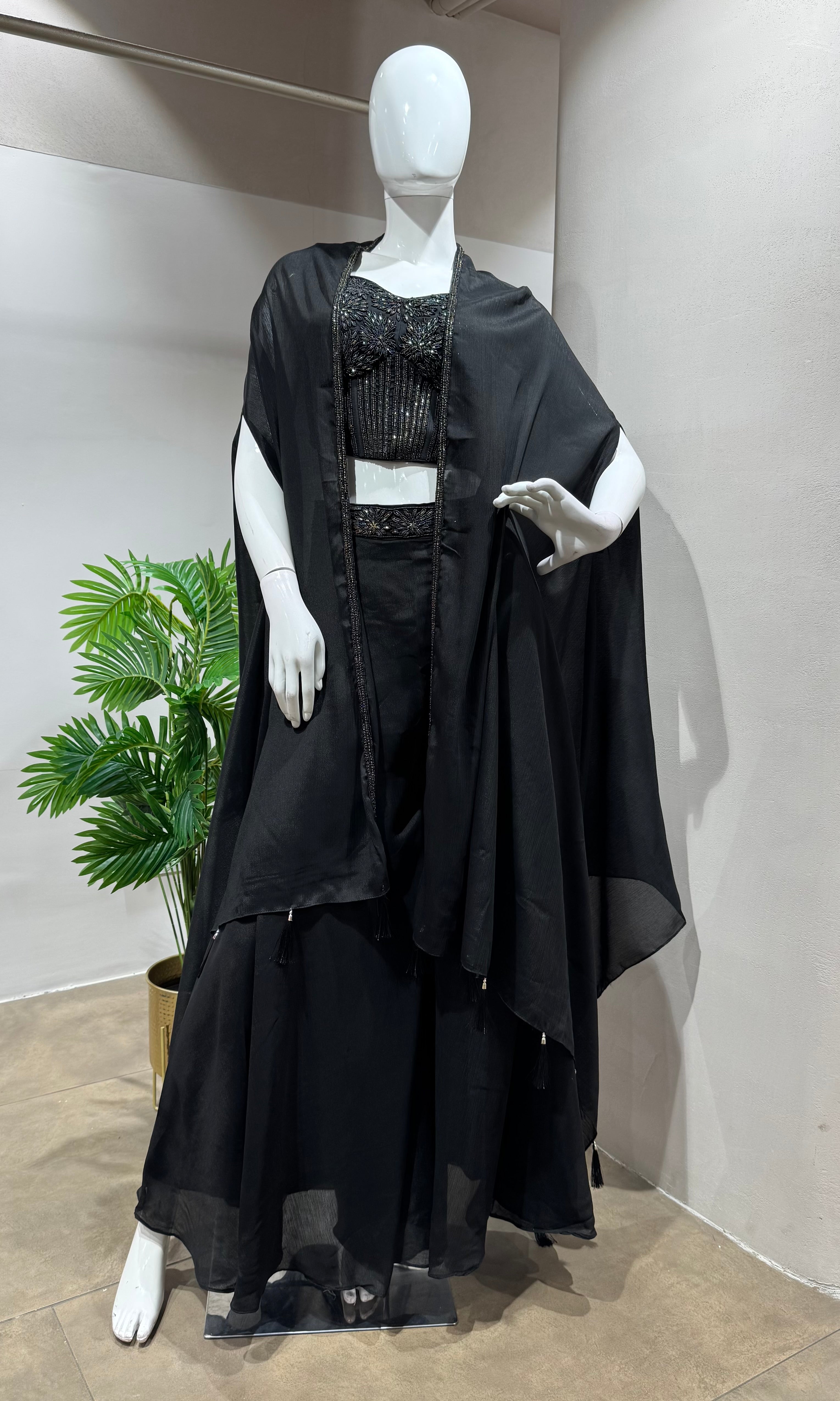 BLACK Embroidered Crop Top with Dhoti Skirt