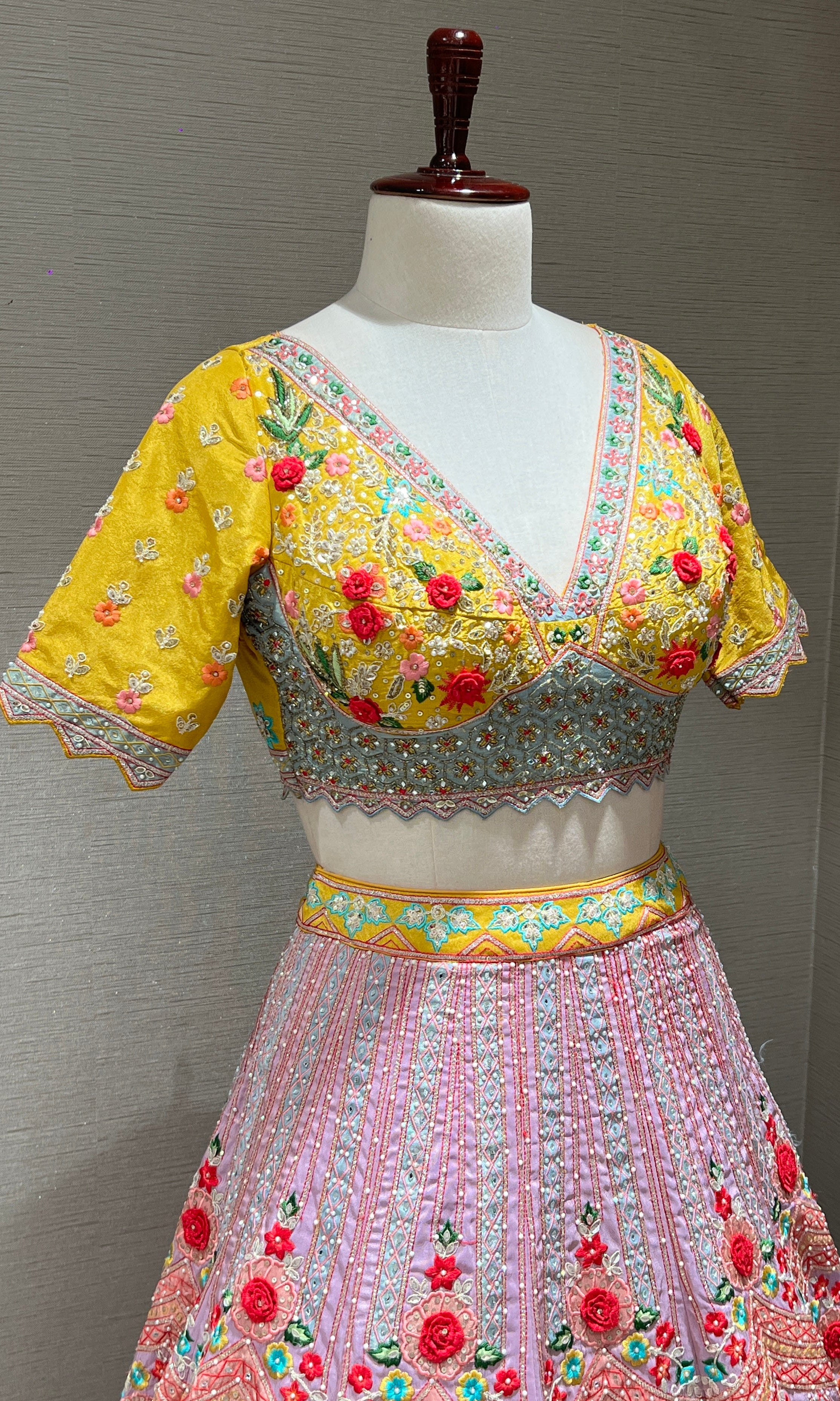 Lilac and Yellow Floral Embroidered Lehenga
