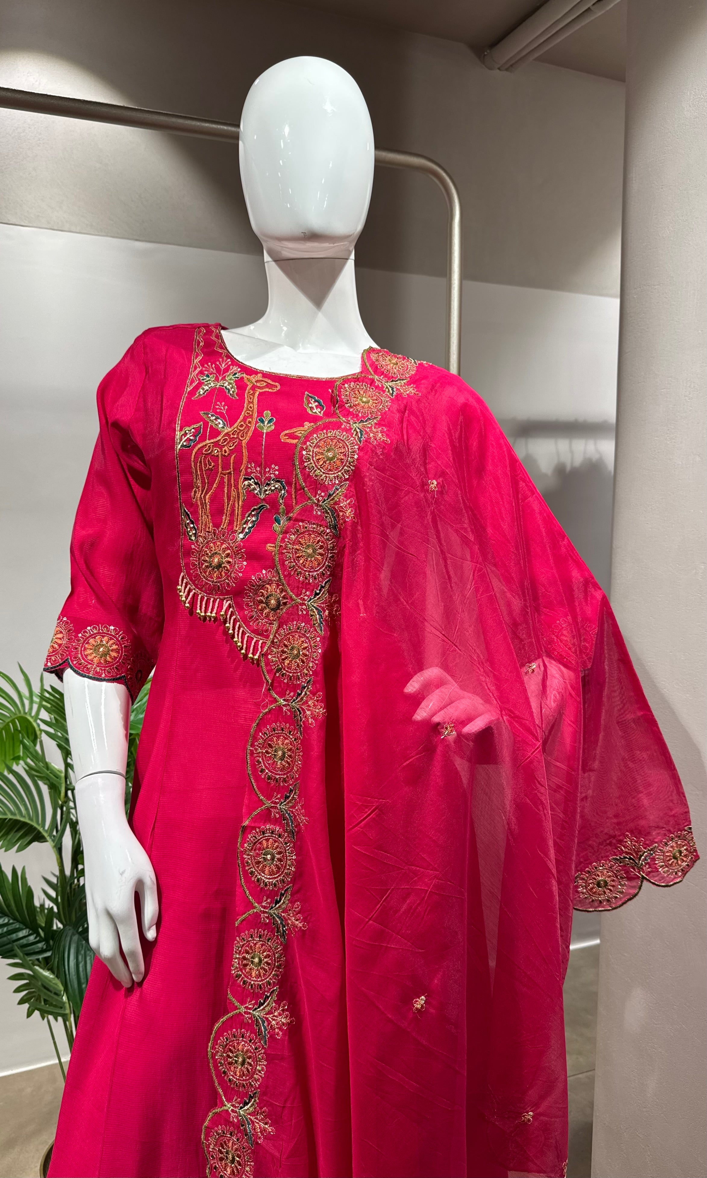 Rani Pink Chanderi Embroidered Kurta Set